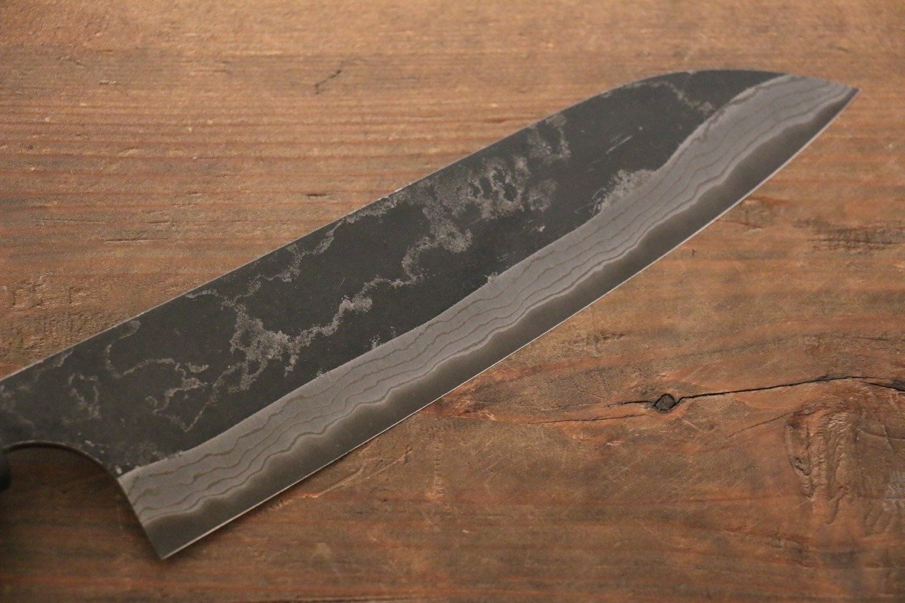尾形 峻吾 白鋼二號 黑打 大馬士革紋 三德刀 180mm 紫檀木 握把 - 清助刃物