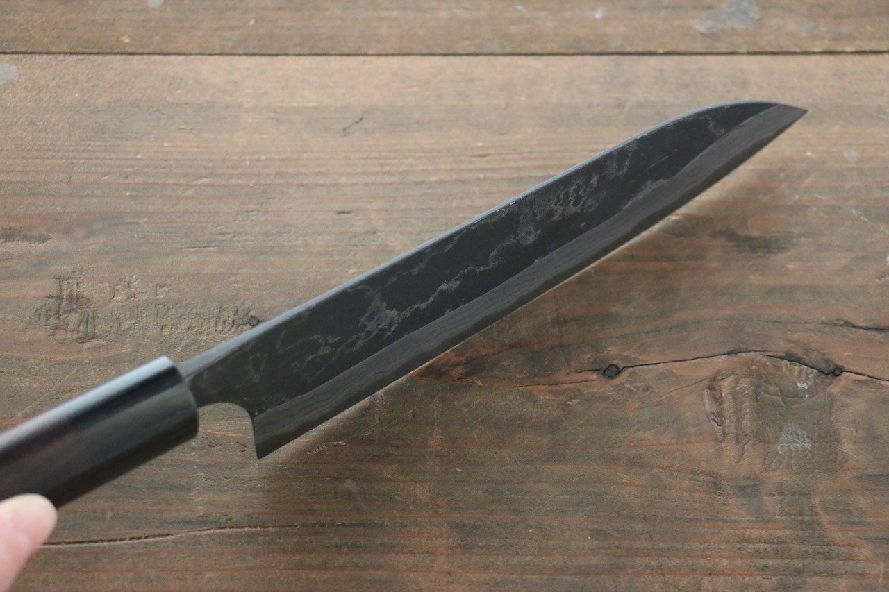 尾形 峻吾 白鋼二號 黑打 大馬士革紋 三德刀 180mm 紫檀木 握把 - 清助刃物