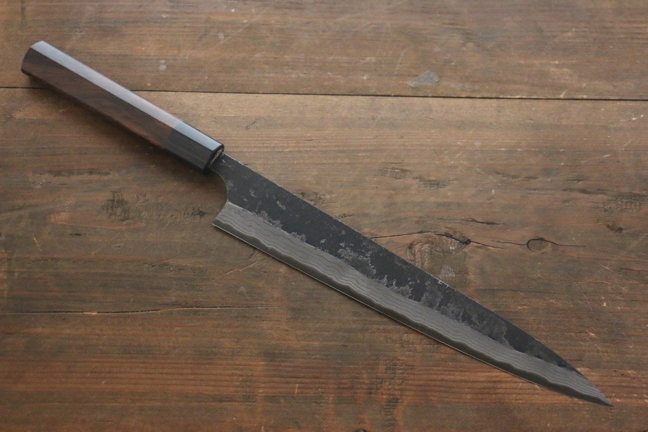 尾形 峻吾 白鋼二號 黑打 大馬士革紋 筋引 240mm 紫檀木 握把 - 清助刃物