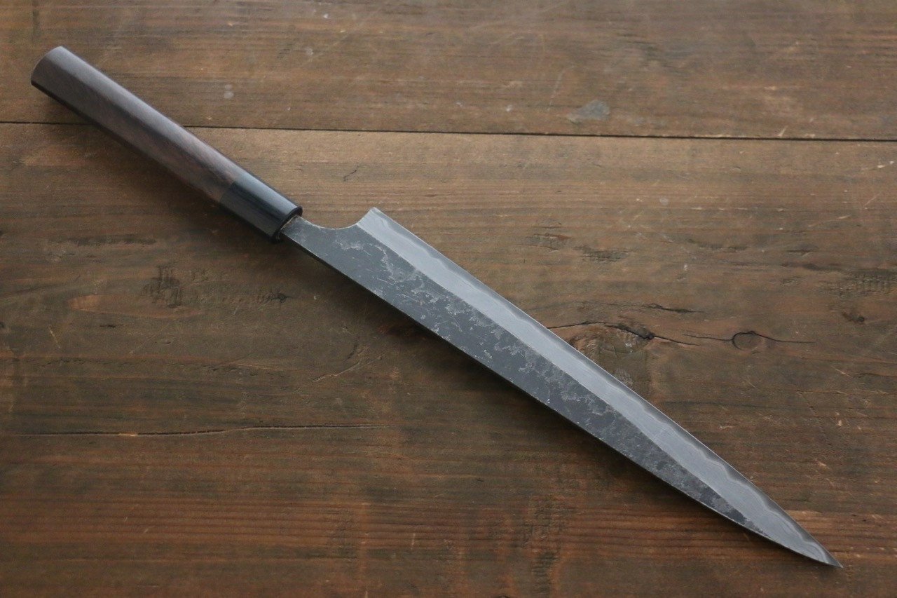 尾形 峻吾 白鋼二號 黑打 大馬士革紋 筋引 240mm 紫檀木 握把 - 清助刃物