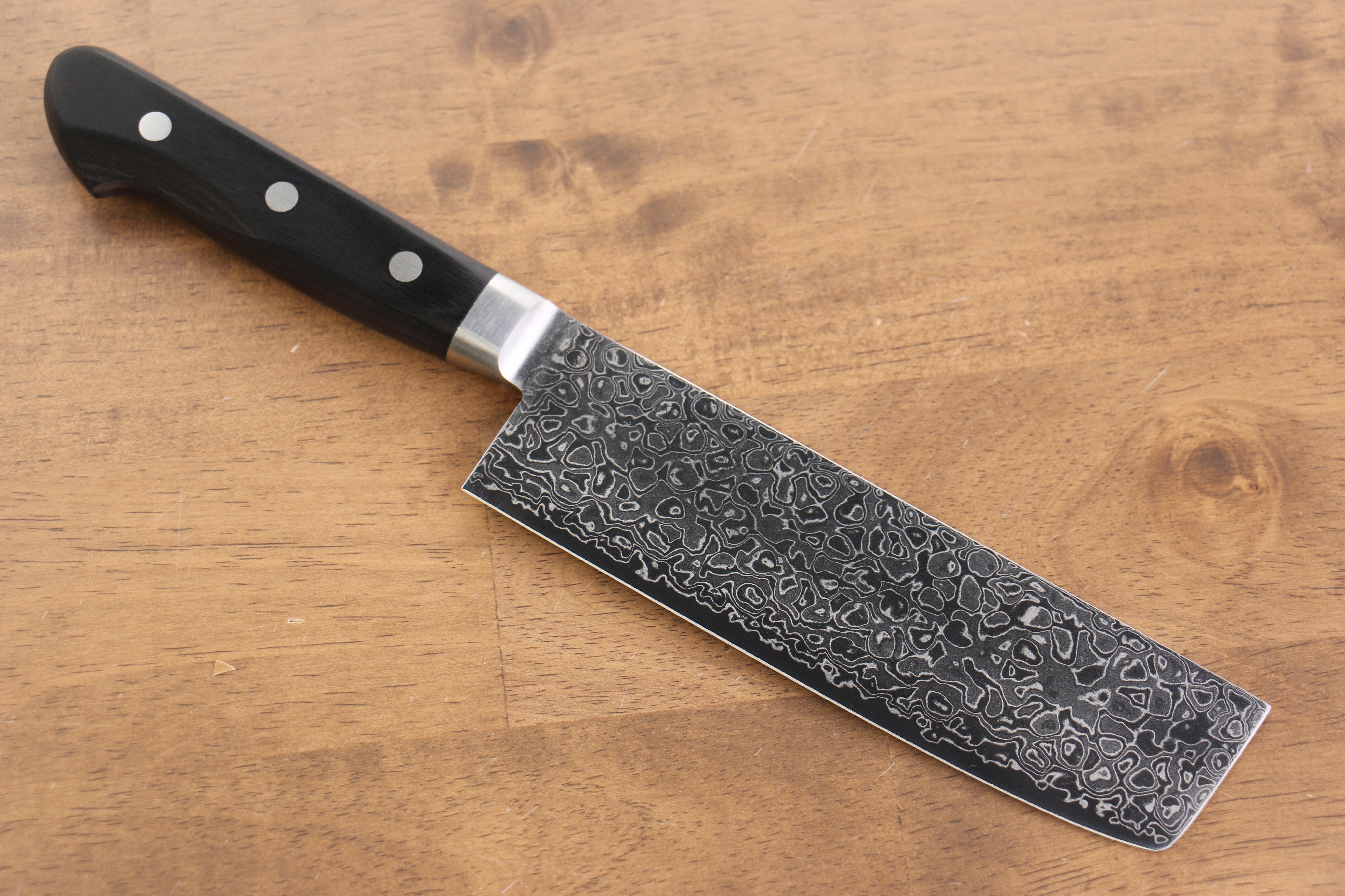 清助 鏡子 AUS10 鏡面處理 大馬士革紋 菜切 170mm 黑合成木 握把 - 清助刃物