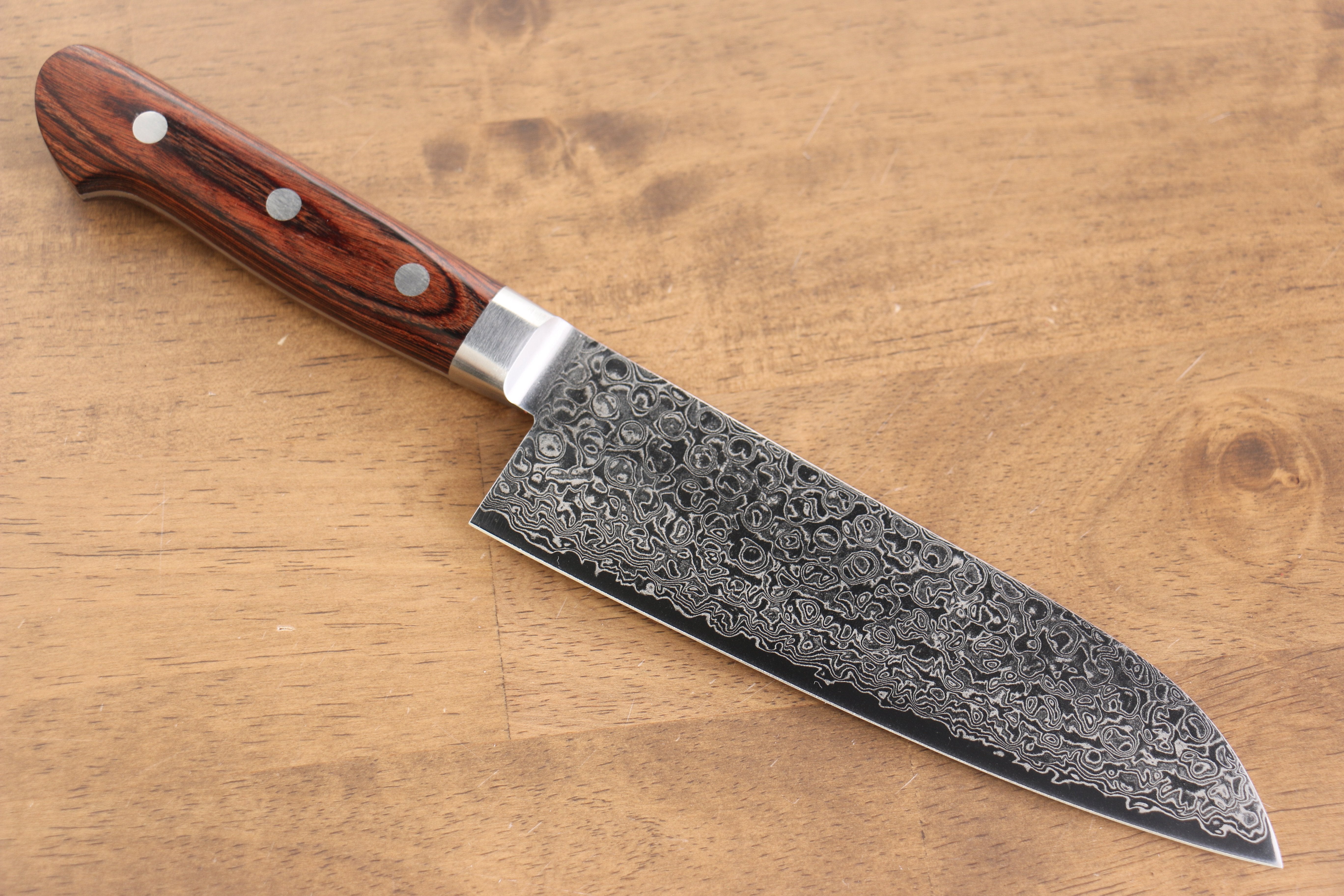 清助 木星 ZA-18 鏡面處理 大馬士革紋 三德刀 170mm 茶色合成木 握把 - 清助刃物