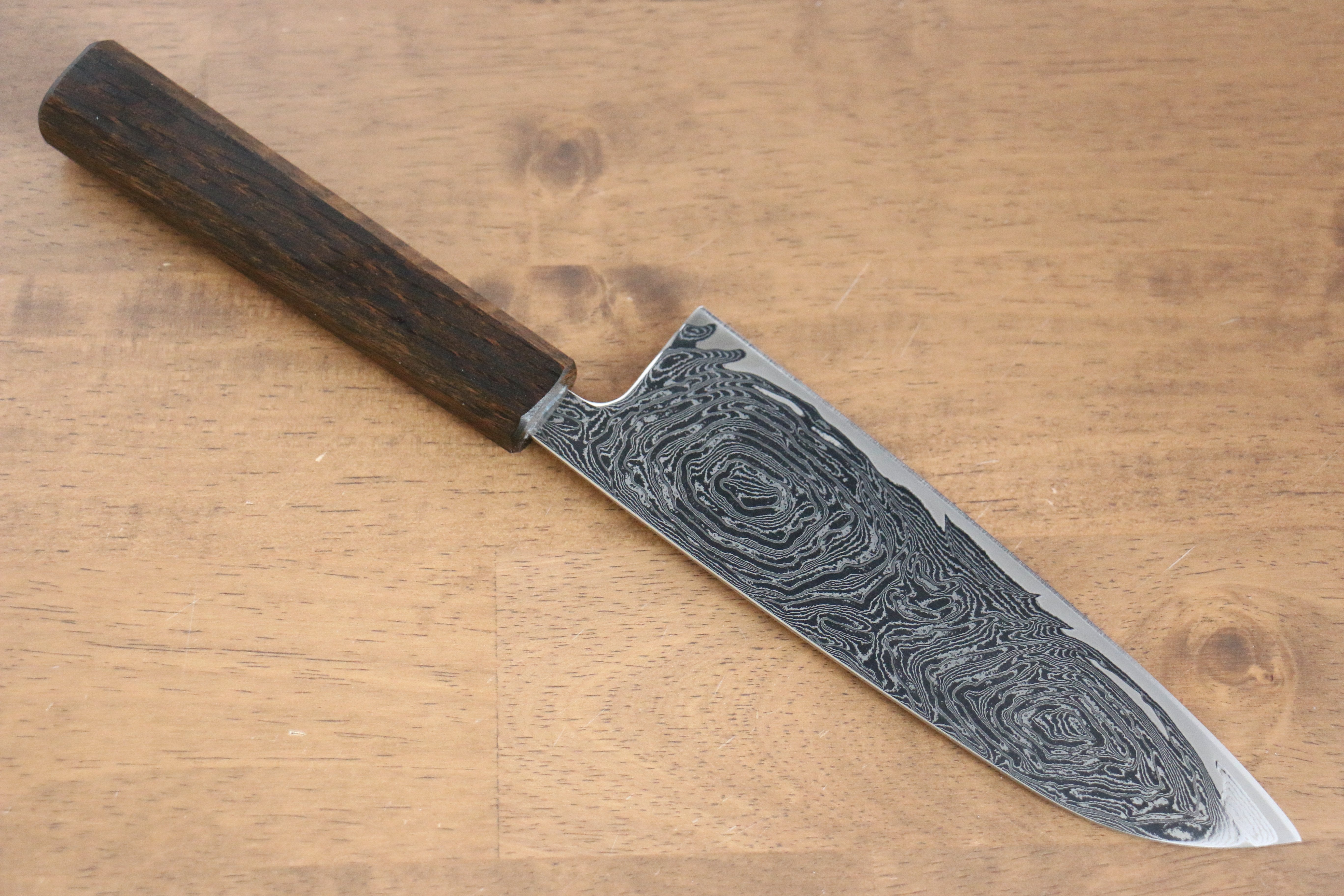 清助 海浪 AUS10 鏡面處理 大馬士革紋 三德刀 165mm 橡木 握把 - 清助刃物