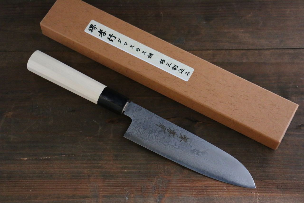堺 孝行 銀三鋼 大馬士革紋 三德刀 180mm 握把 - 清助刃物