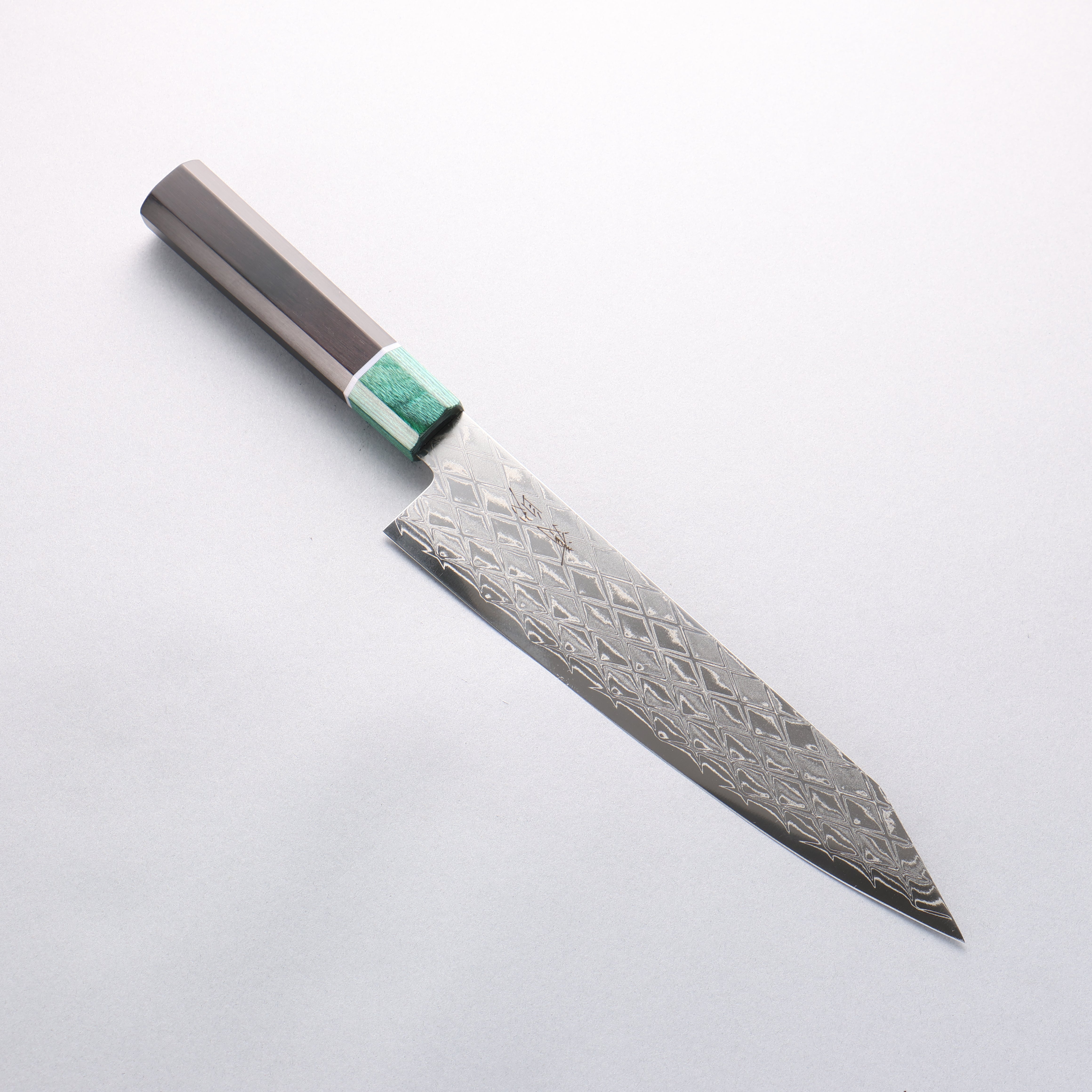 清助 AUS10 鏡面菱格紋 切付牛刀 210mm 黑合成木（口輪：綠合成木） 握把 - 清助刃物