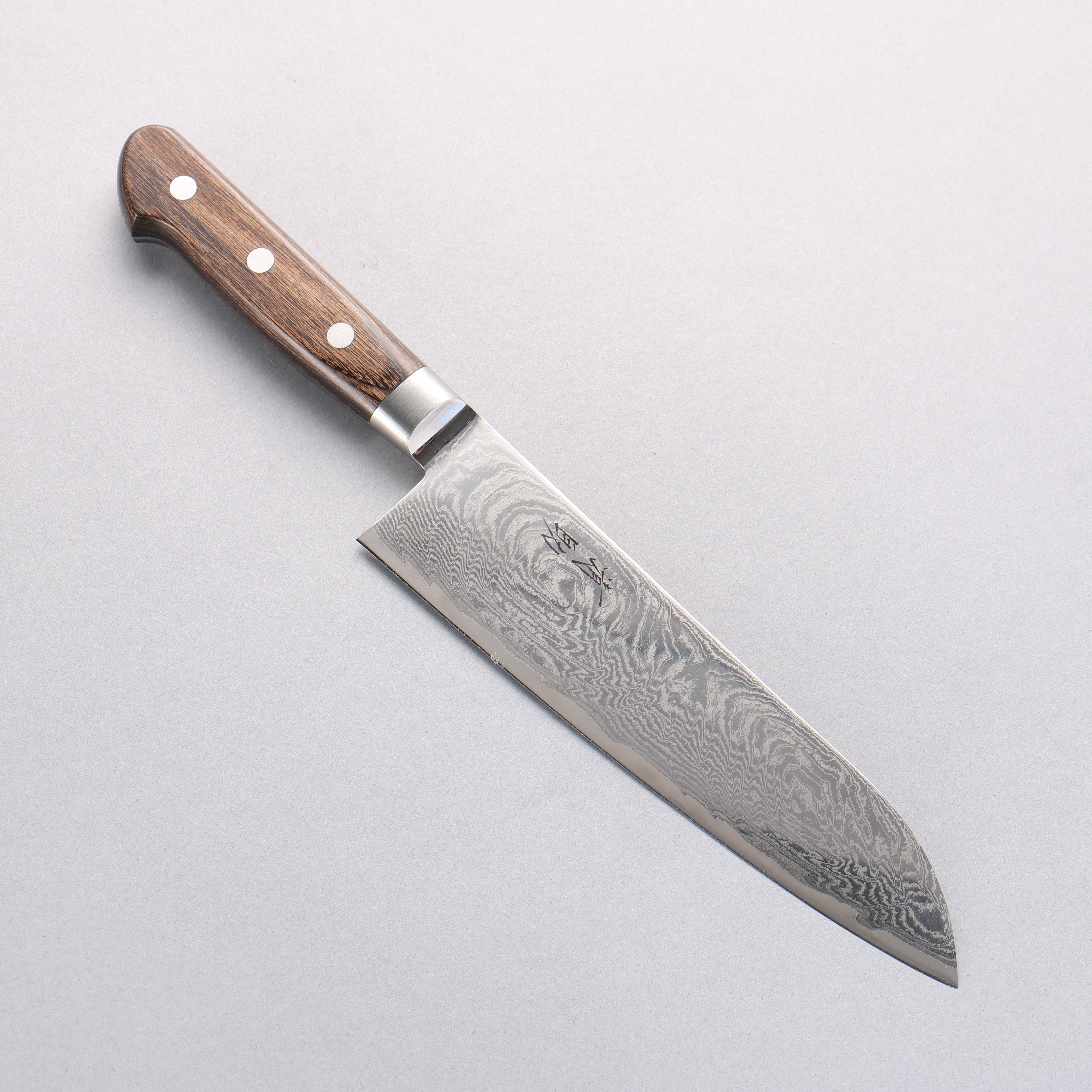 清助 海浪 AUS10 鏡面處理 大馬士革紋 三德刀 180mm 茶色合成木 握把 - 清助刃物
