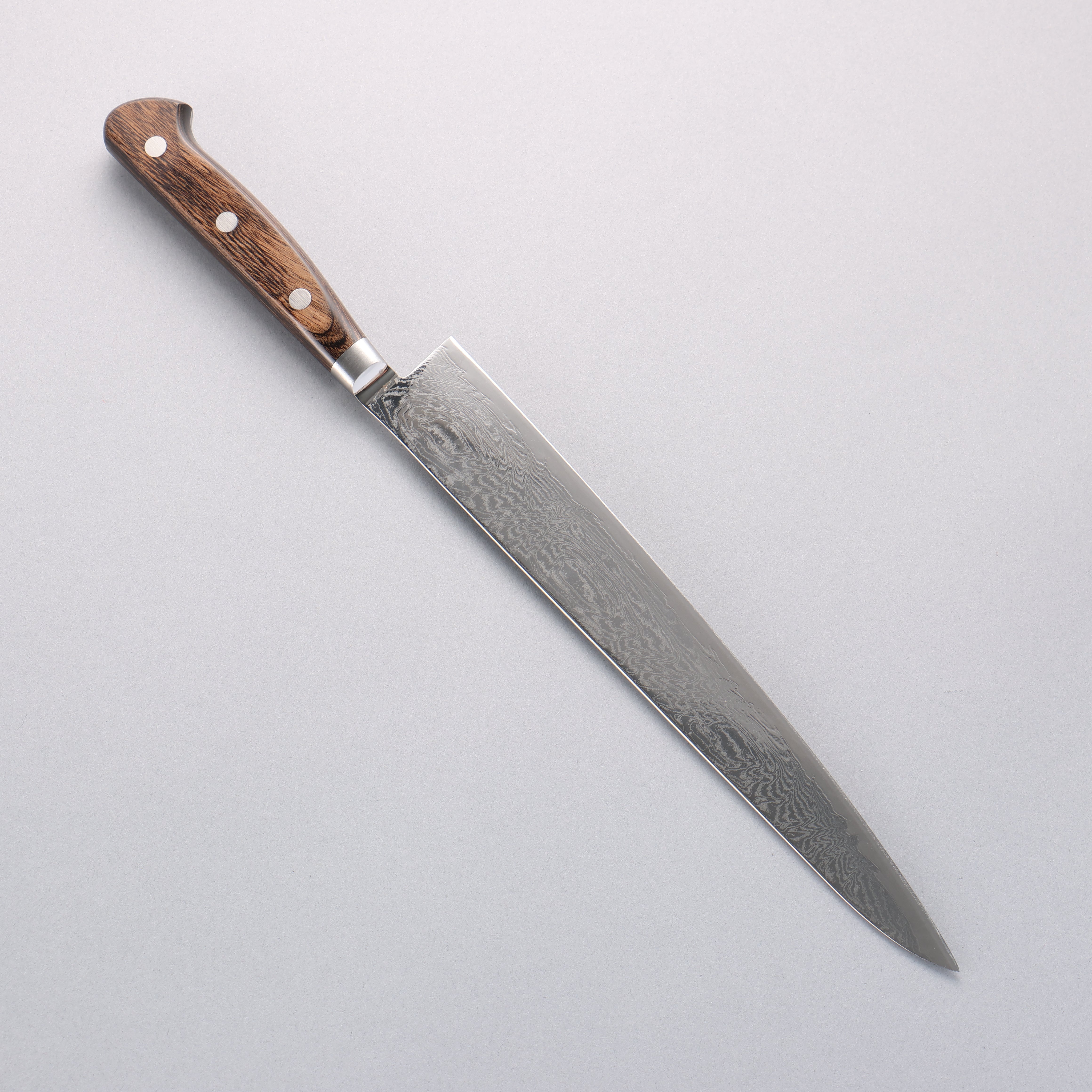 清助 海浪 AUS10 鏡面處理 大馬士革紋 筋引 240mm 茶色合成木 握把 - 清助刃物