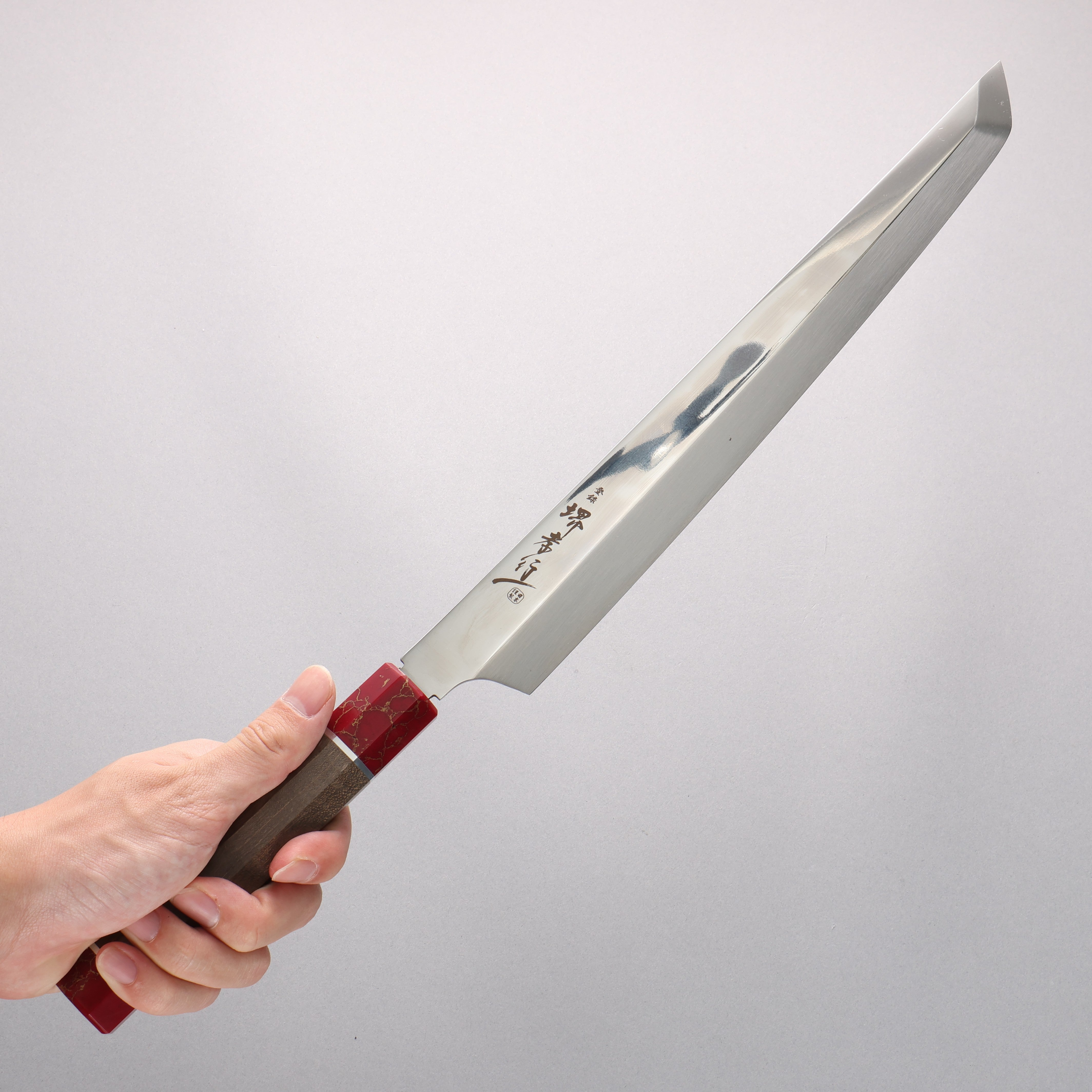 堺 孝行 銀龍 本燒 瑞典鋼 鏡面處理 先丸柳刃 300mm 穩定木 握把 附刀鞘 - 清助刃物