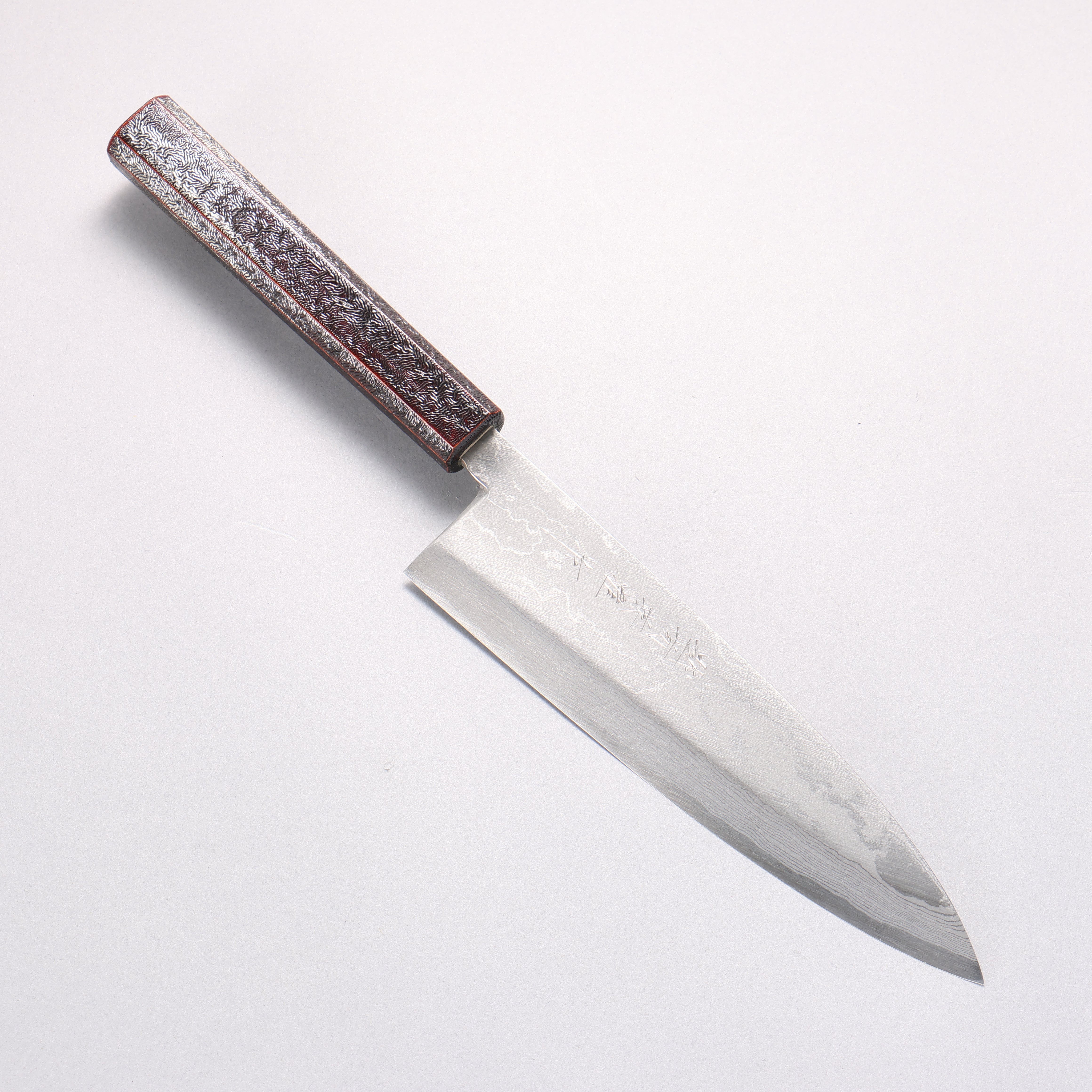 北岡 英雄 白鋼二號 大馬士革紋 身卸出刃 日本刀 195mm 櫟木黑銀漆塗 握把 - 清助刃物