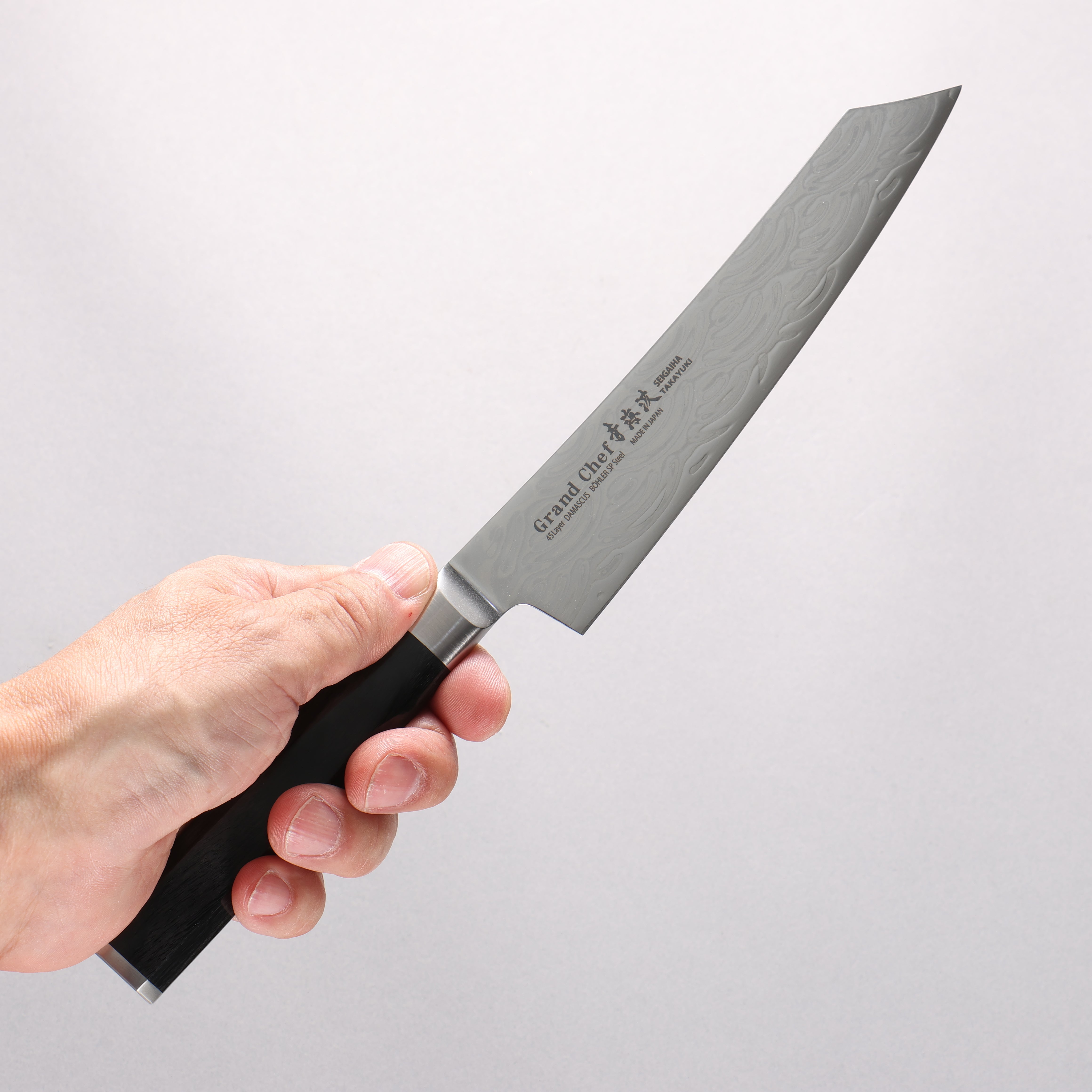 堺 孝行 青海波 Böhler SP 鋼 45層大馬士革紋 打磨處理 劍型多用途小刀 150mm 黑合成木 握把 - 清助刃物