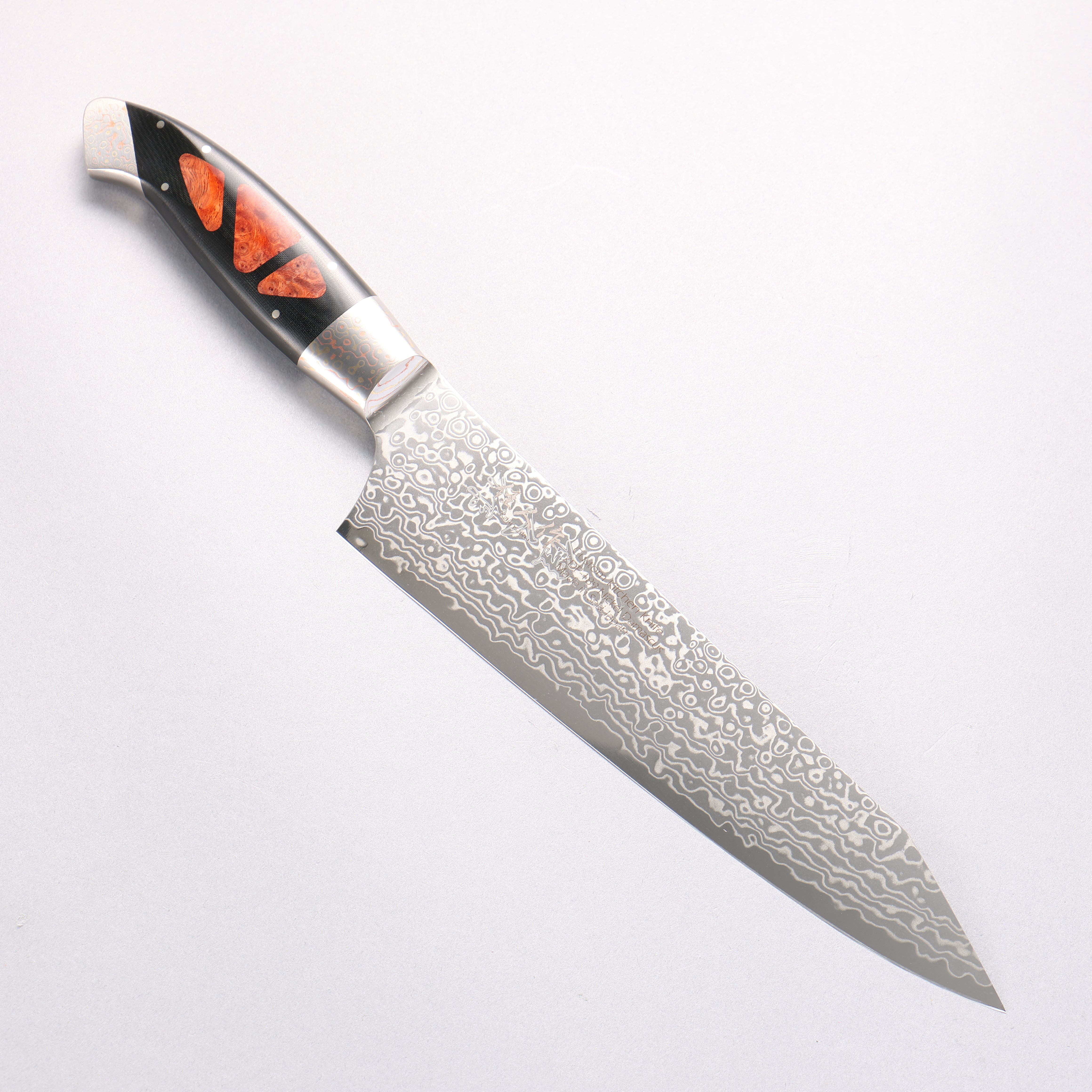 佳人 ZDP189 大馬士革紋 打磨處理 切付牛刀 210mm 哈納林瘤嵌細工 握把 - 清助刃物