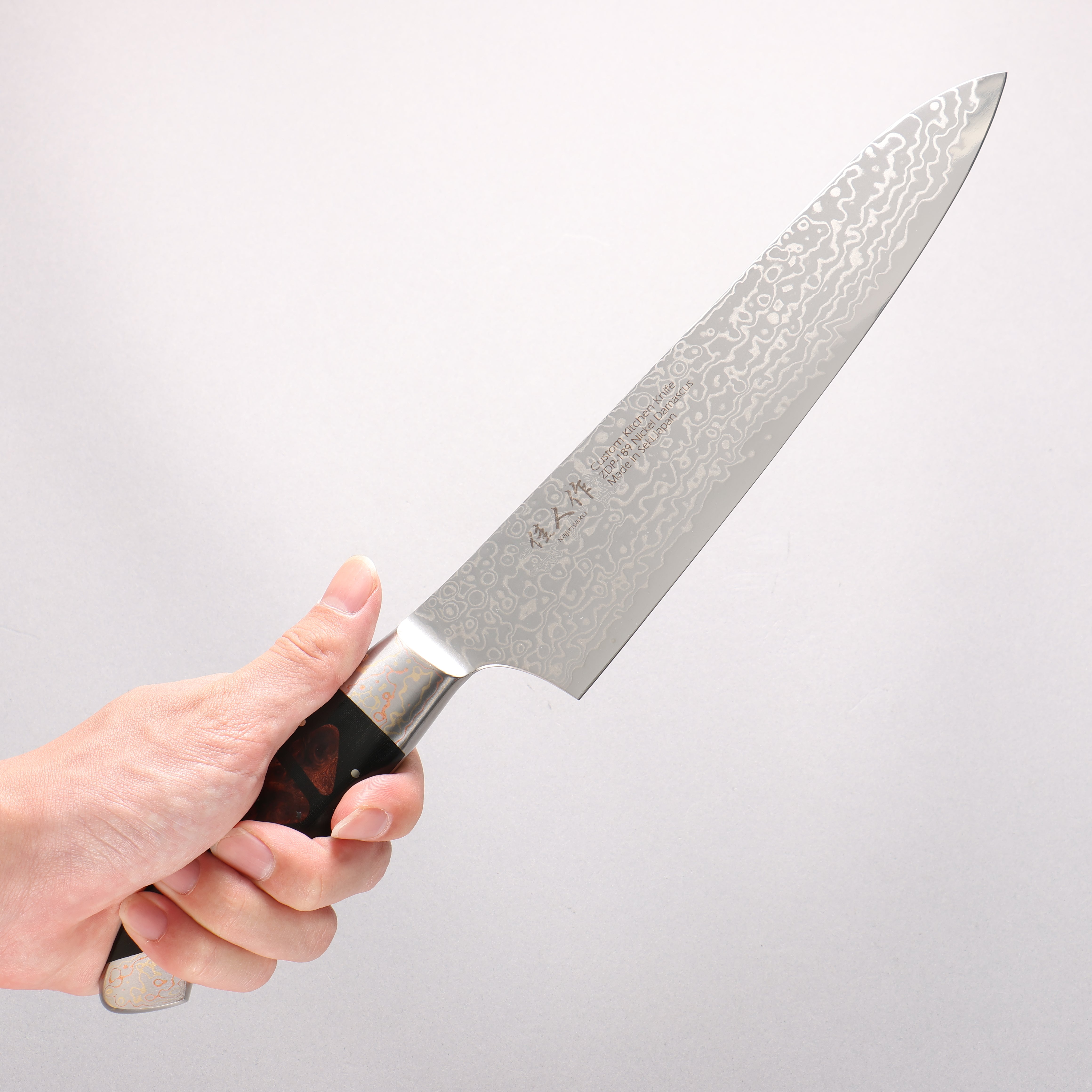 佳人 ZDP189 大馬士革紋 打磨處理 牛刀 210mm 哈納林瘤嵌細工 握把 - 清助刃物