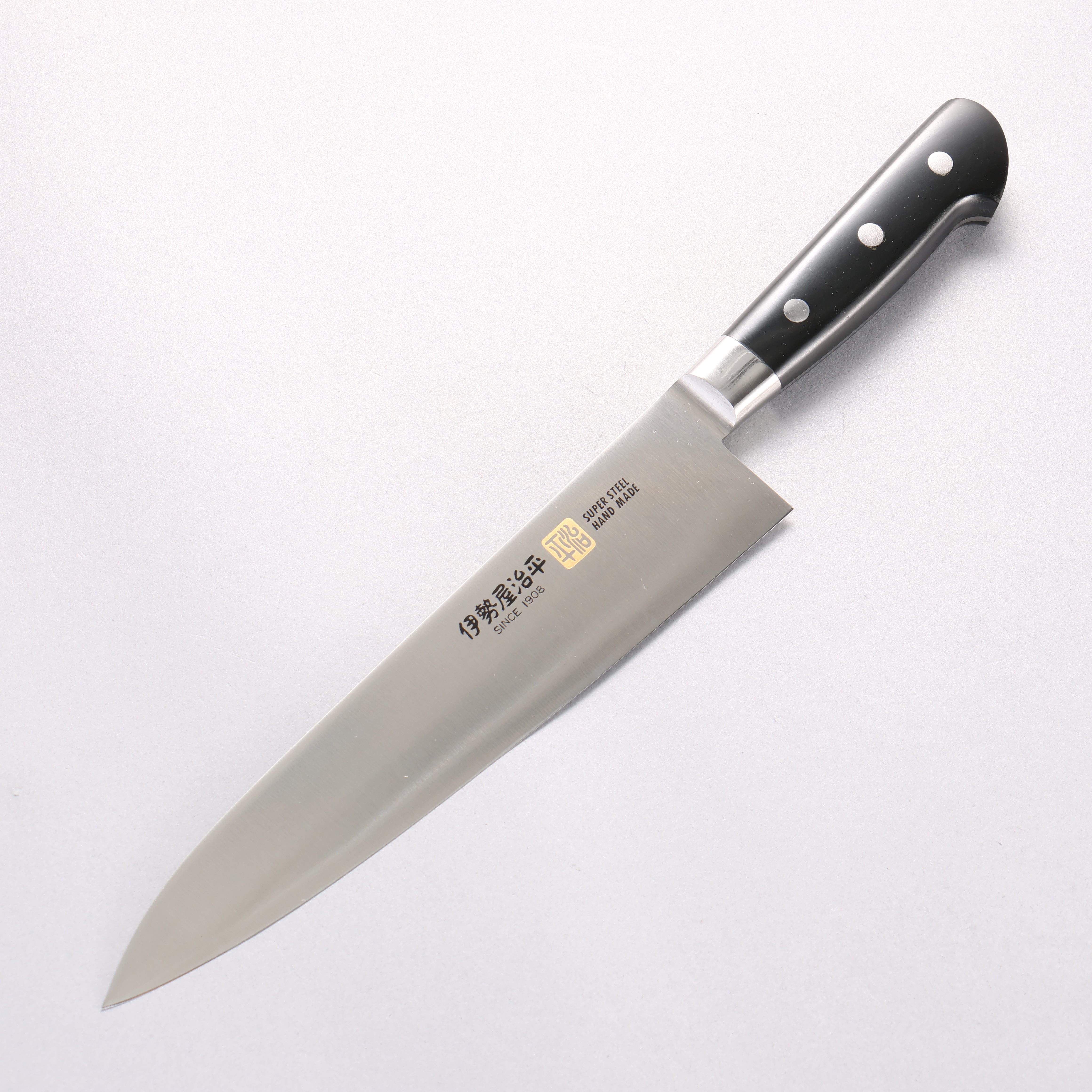 伊勢屋 鉬鋼（MOL） 牛刀 210mm 黑米卡塔（樹脂複合材料） 握把 - 清助刃物