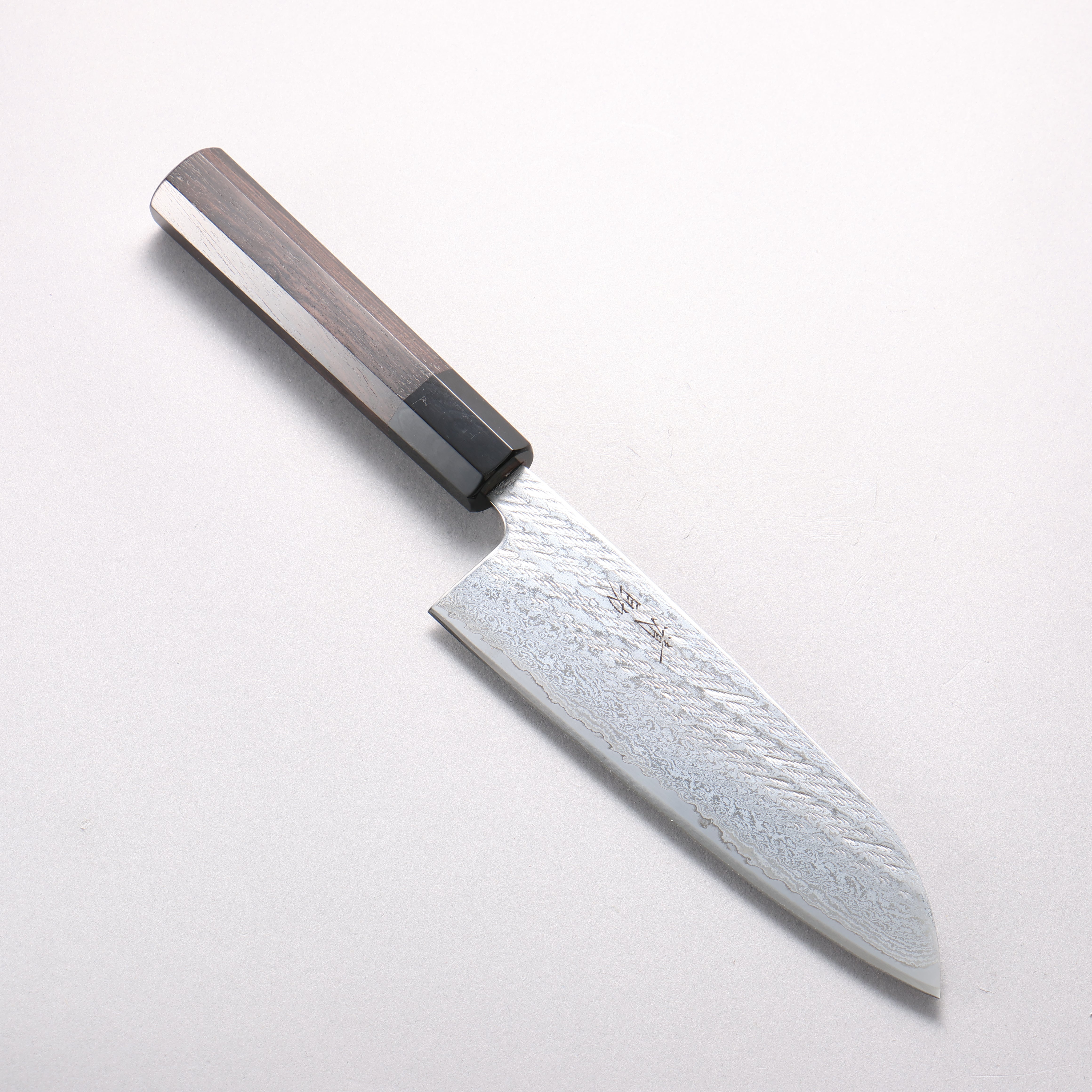 清助 銀三鋼 鎚目 大馬士革紋 繩索紋樣 三德刀 170mm 黑檀 (口輪：黑水牛角) 握把 - 清助刃物
