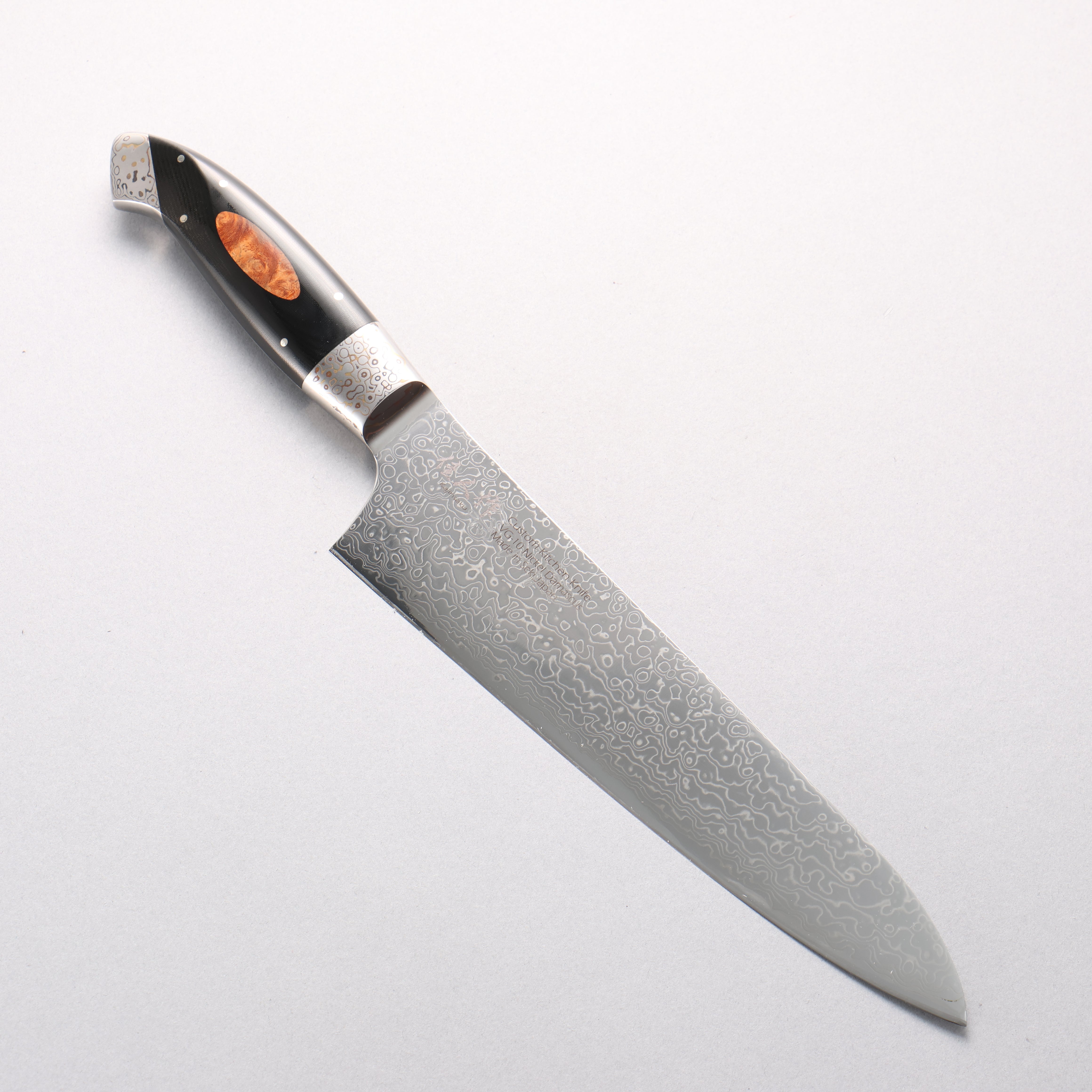 佳人 VG10 大馬士革紋 牛刀 210mm 黑米卡塔（樹脂複合材料）（木鑲嵌） 握把 - 清助刃物