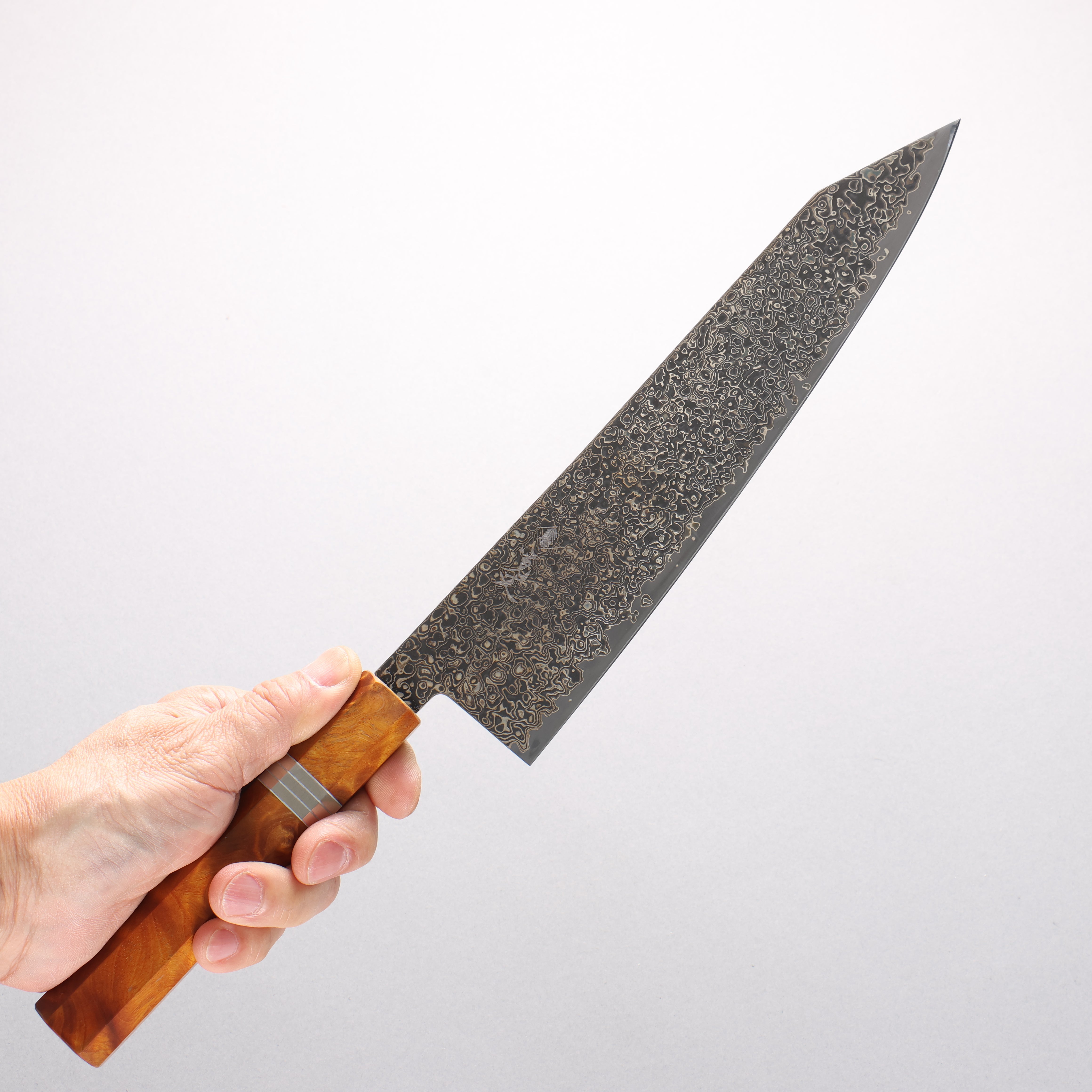 寬丈 SG2 黑色大馬士革紋 切付牛刀 240mm 棕色穩定木 (銀環) 握把 - 清助刃物