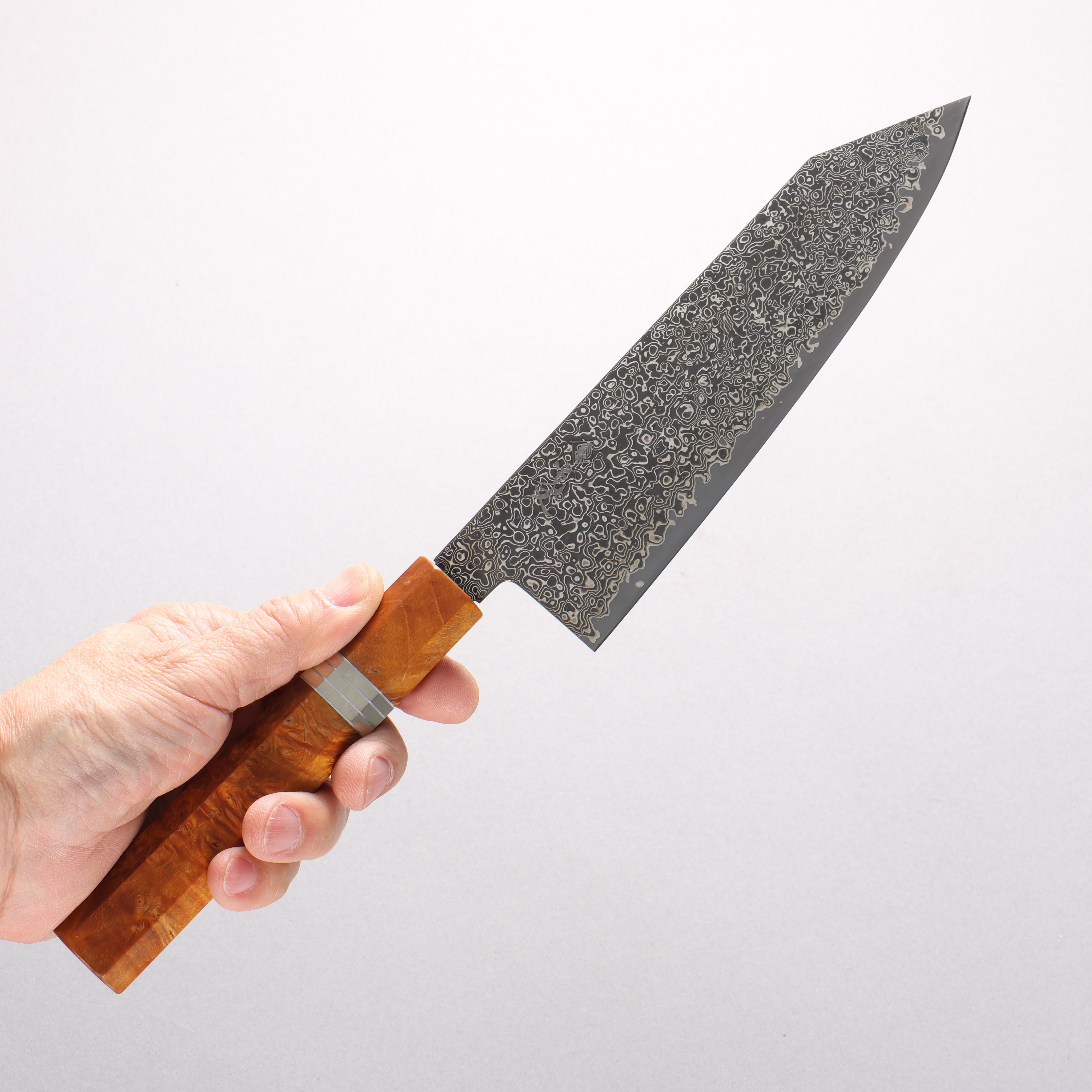 寬丈 SG2 黑色大馬士革紋 切付三德刀 180mm 棕色穩定木 (銀環) 握把 - 清助刃物