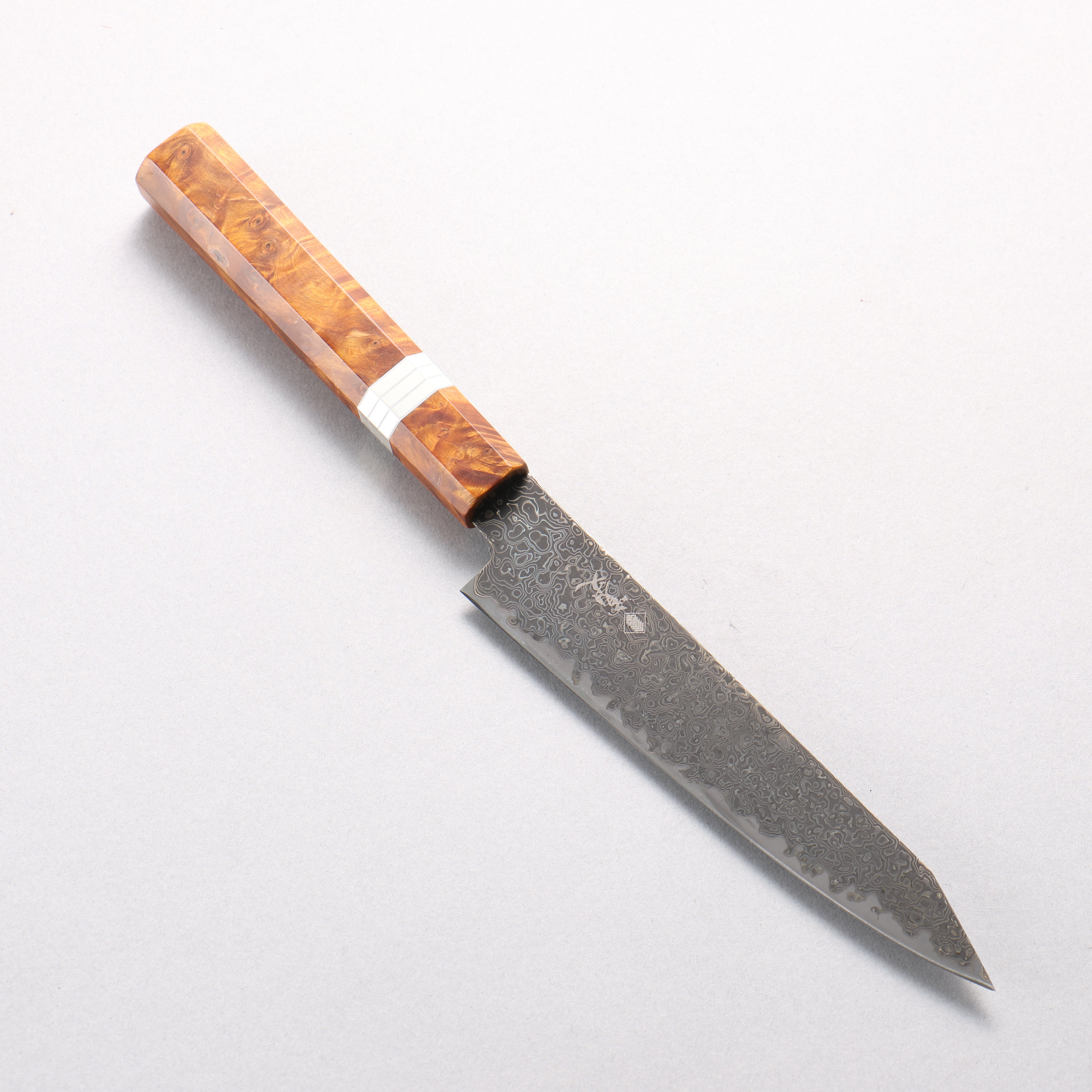 寬丈 SG2 黑色大馬士革紋 切付多用途小刀 150mm 棕色穩定木 (銀環) 握把 - 清助刃物