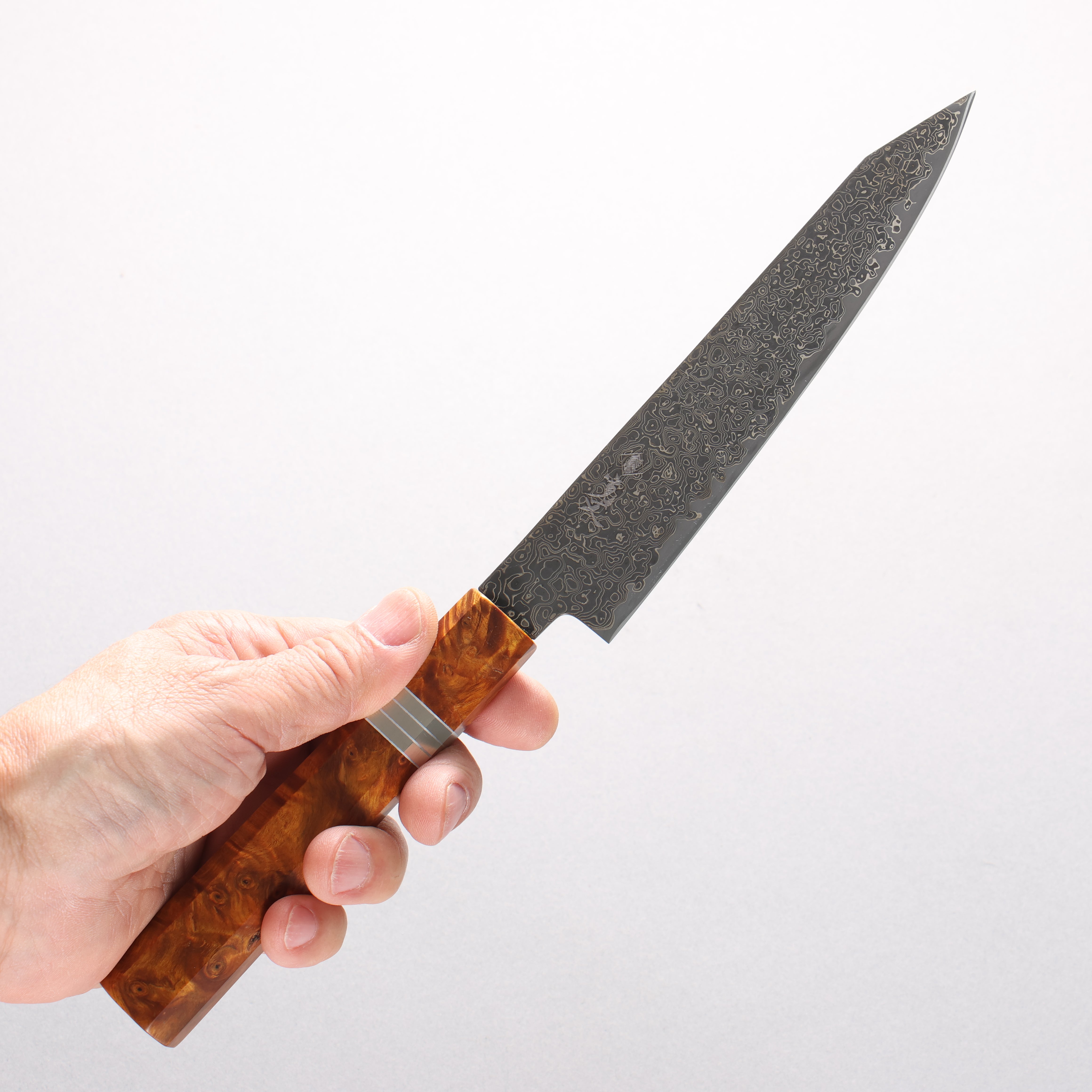寬丈 SG2 黑色大馬士革紋 切付多用途小刀 150mm 棕色穩定木 (銀環) 握把 - 清助刃物