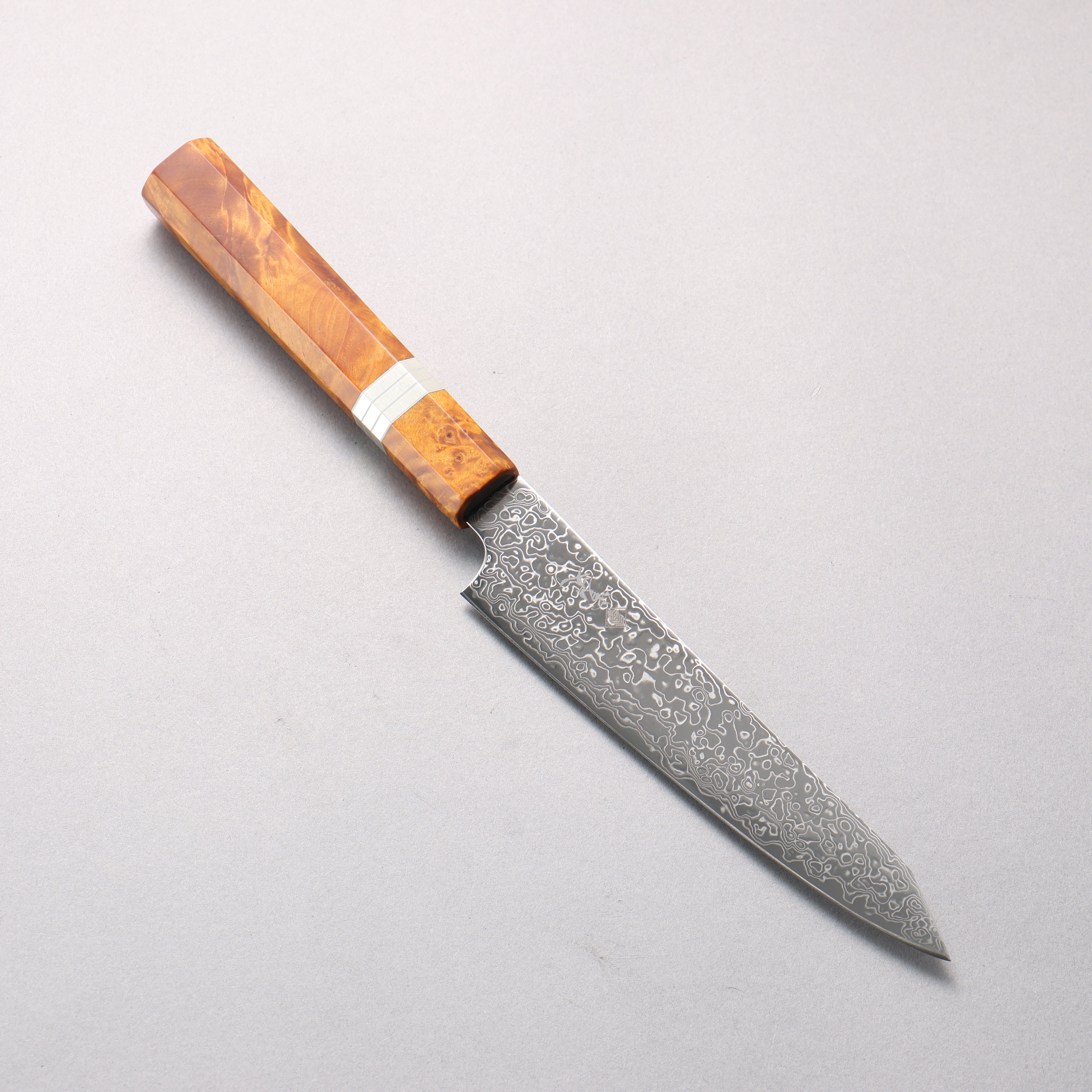 寬丈 SG2 大馬士革紋 打磨處理 切付多用途小刀 150mm 棕色穩定木 (銀環) 握把 - 清助刃物