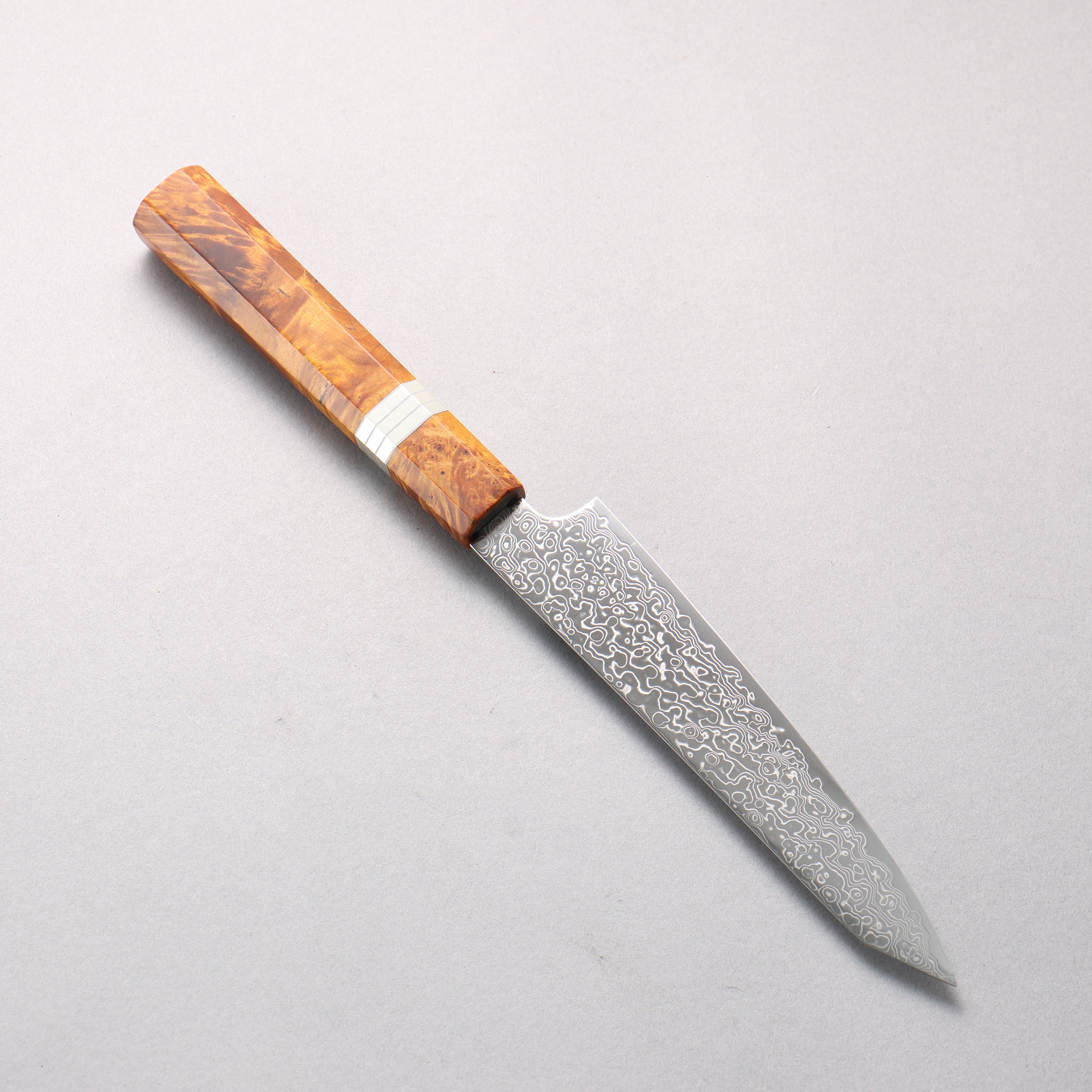 寬丈 SG2 大馬士革紋 打磨處理 切付多用途小刀 150mm 棕色穩定木 (銀環) 握把 - 清助刃物
