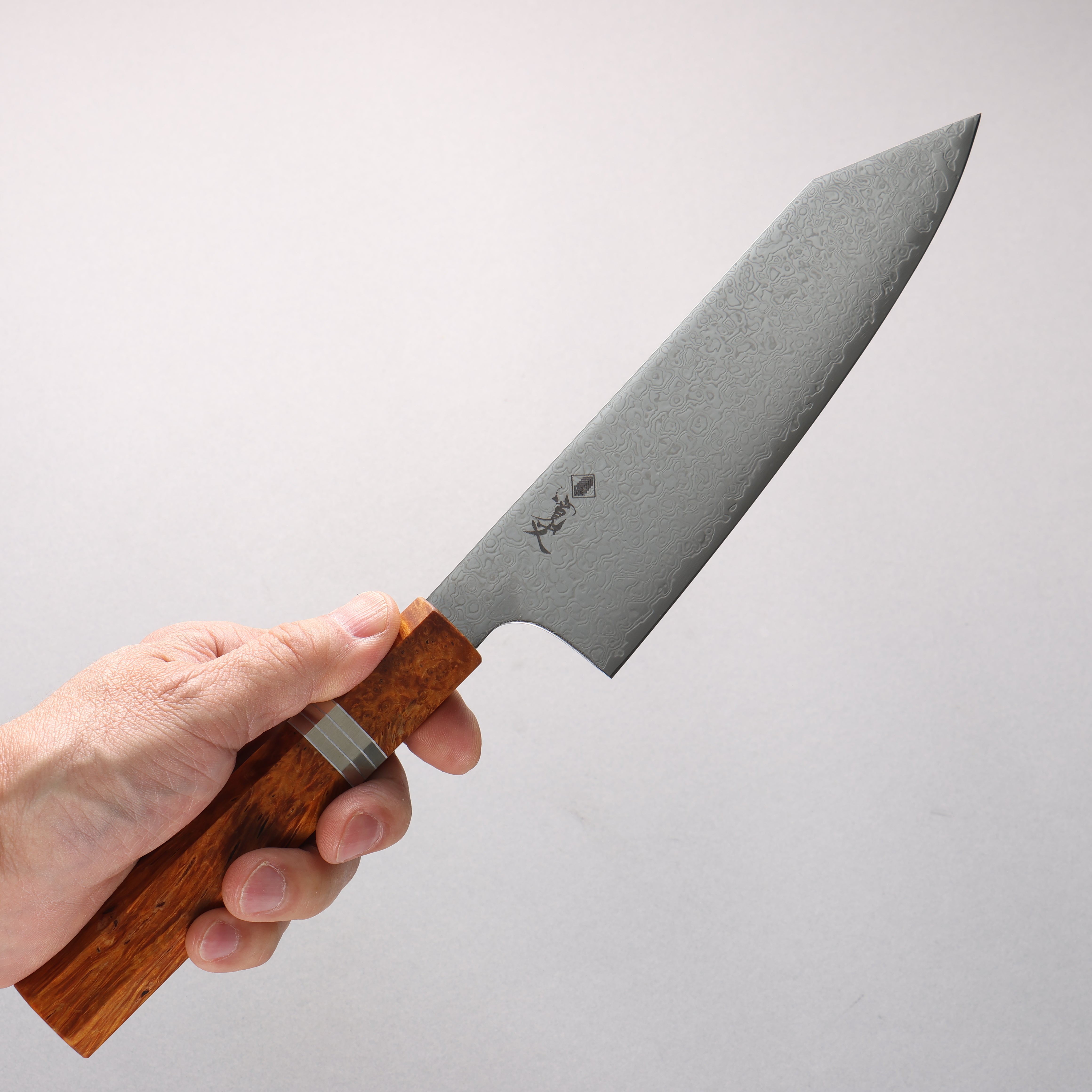 寬丈 SG2 大馬士革紋 打磨處理 切付三德刀 180mm 棕色穩定木 (銀環) 握把 - 清助刃物
