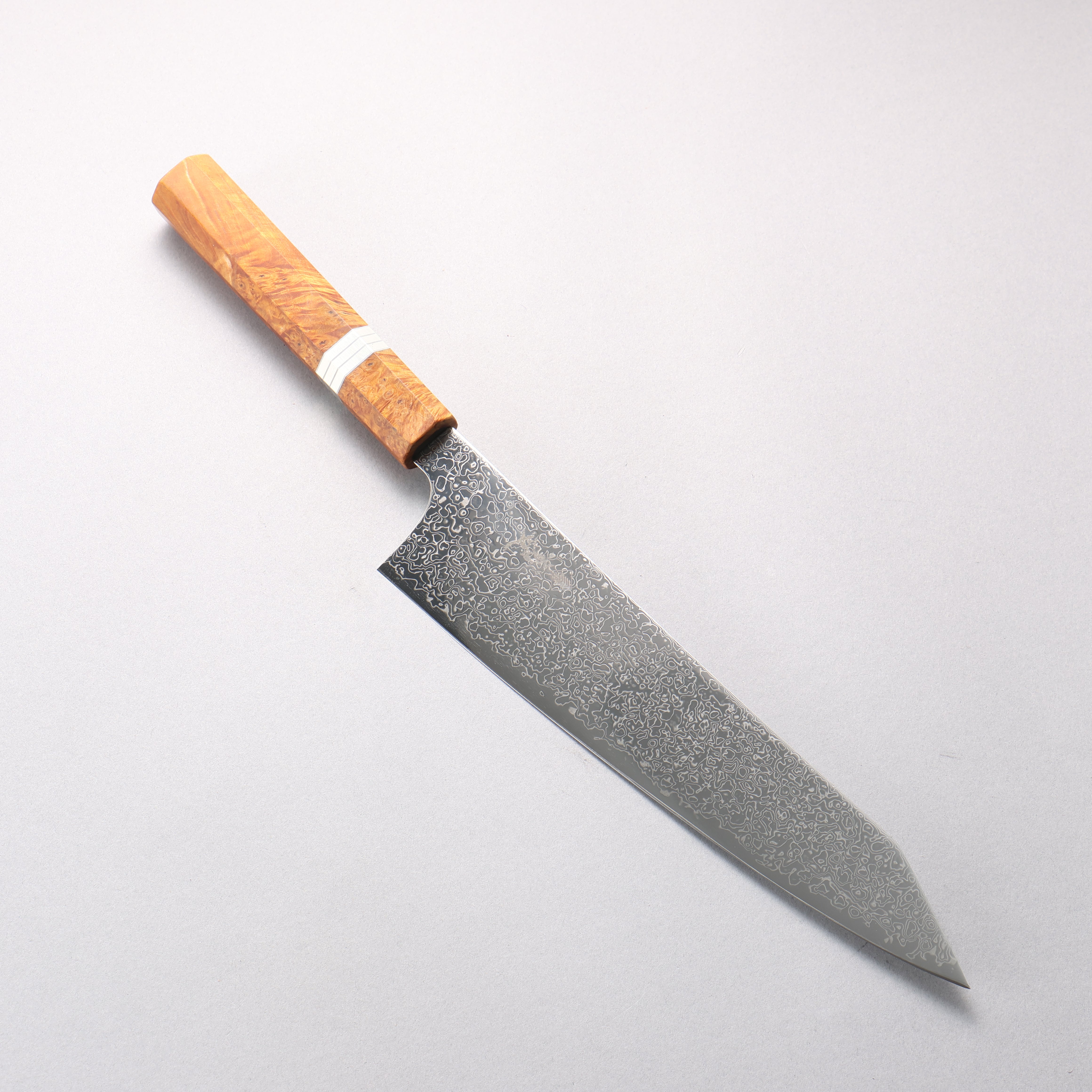 寬丈 SG2 大馬士革紋 打磨處理 切付牛刀 240mm 棕色穩定木 (銀環) 握把 - 清助刃物