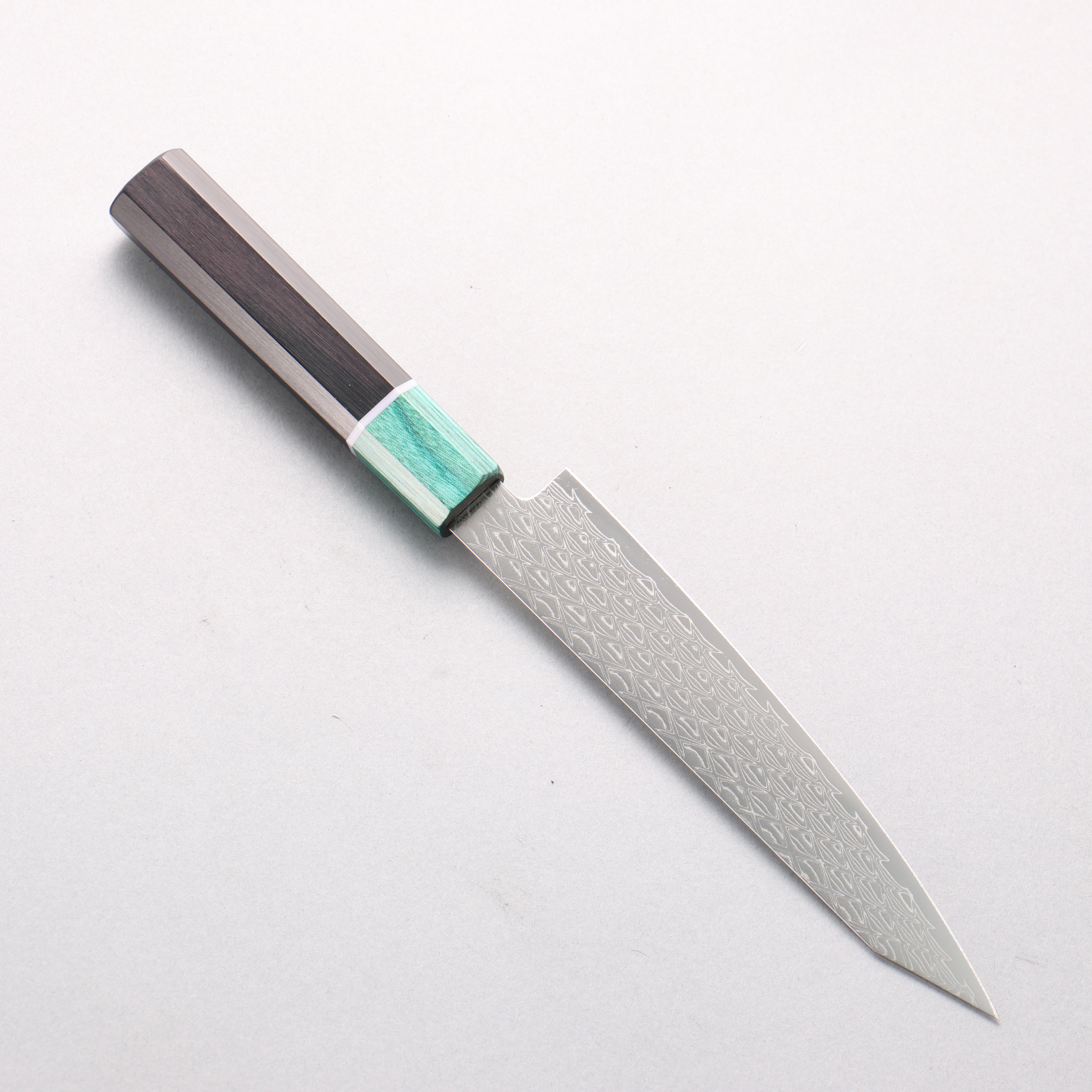 清助 AUS10 鏡面菱格紋 切付多用途小刀 150mm 黑合成木（口輪：綠合成木） 握把 - 清助刃物