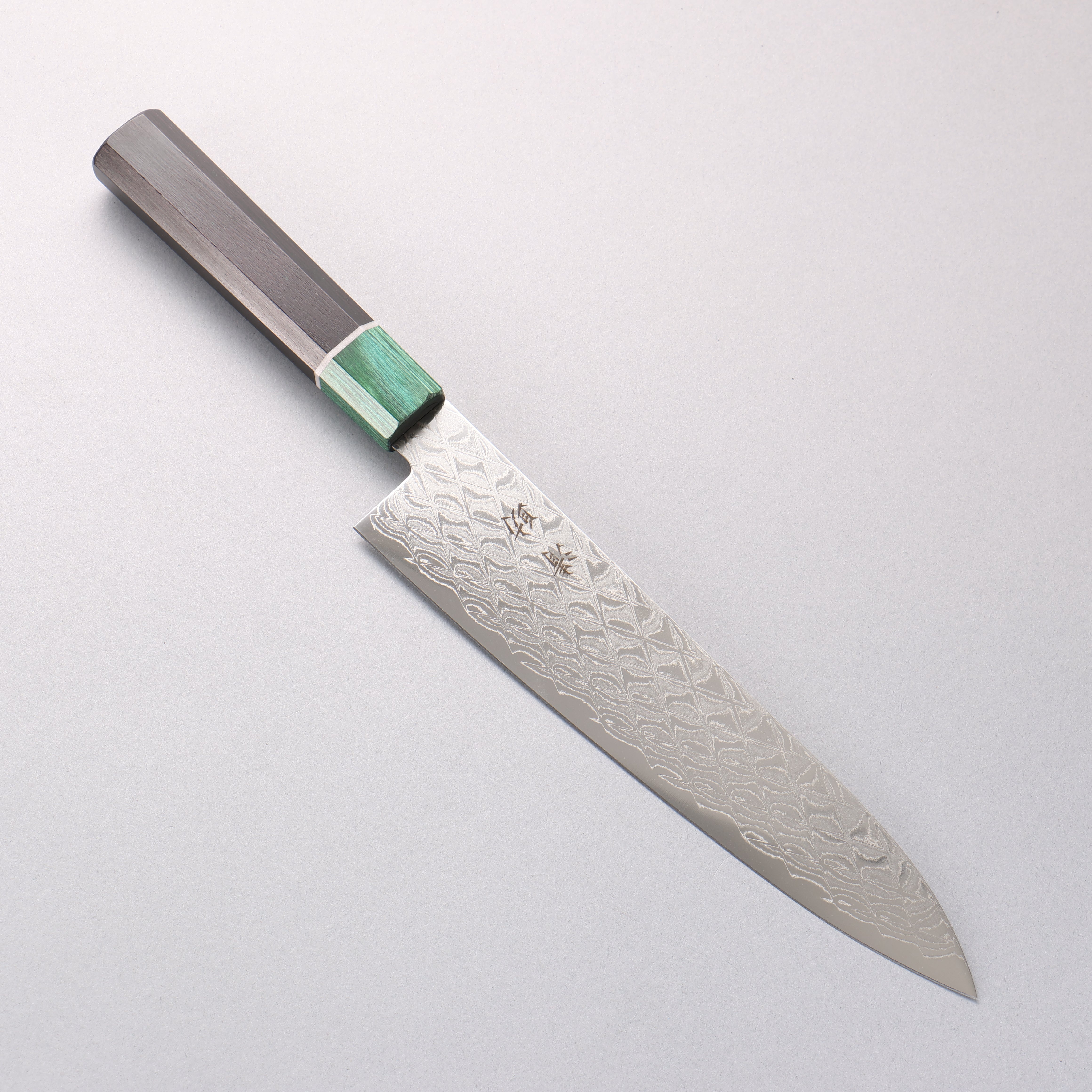 清助 AUS10 鏡面菱格紋 牛刀 210mm 黑合成木（口輪：綠合成木） 握把 - 清助刃物