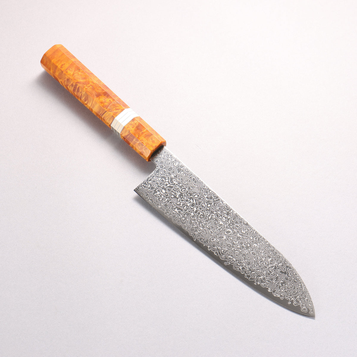 寬丈 SG2 大馬士革紋 打磨處理 三德刀 180mm 棕色穩定木 (銀環) 握把