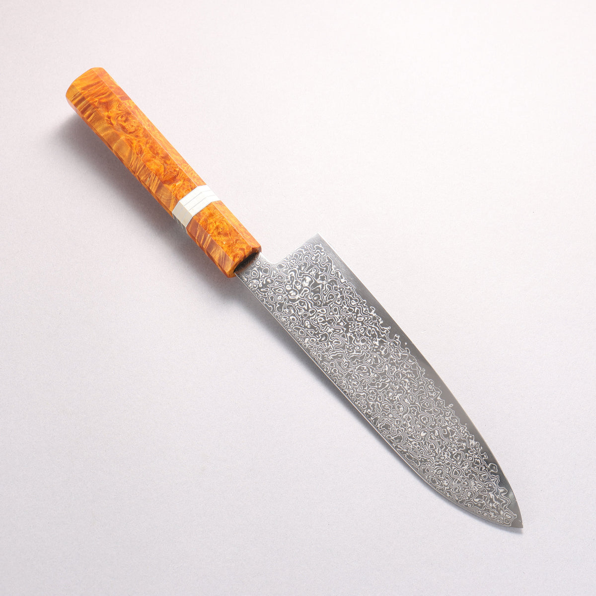寬丈 SG2 大馬士革紋 打磨處理 三德刀 180mm 棕色穩定木 (銀環) 握把
