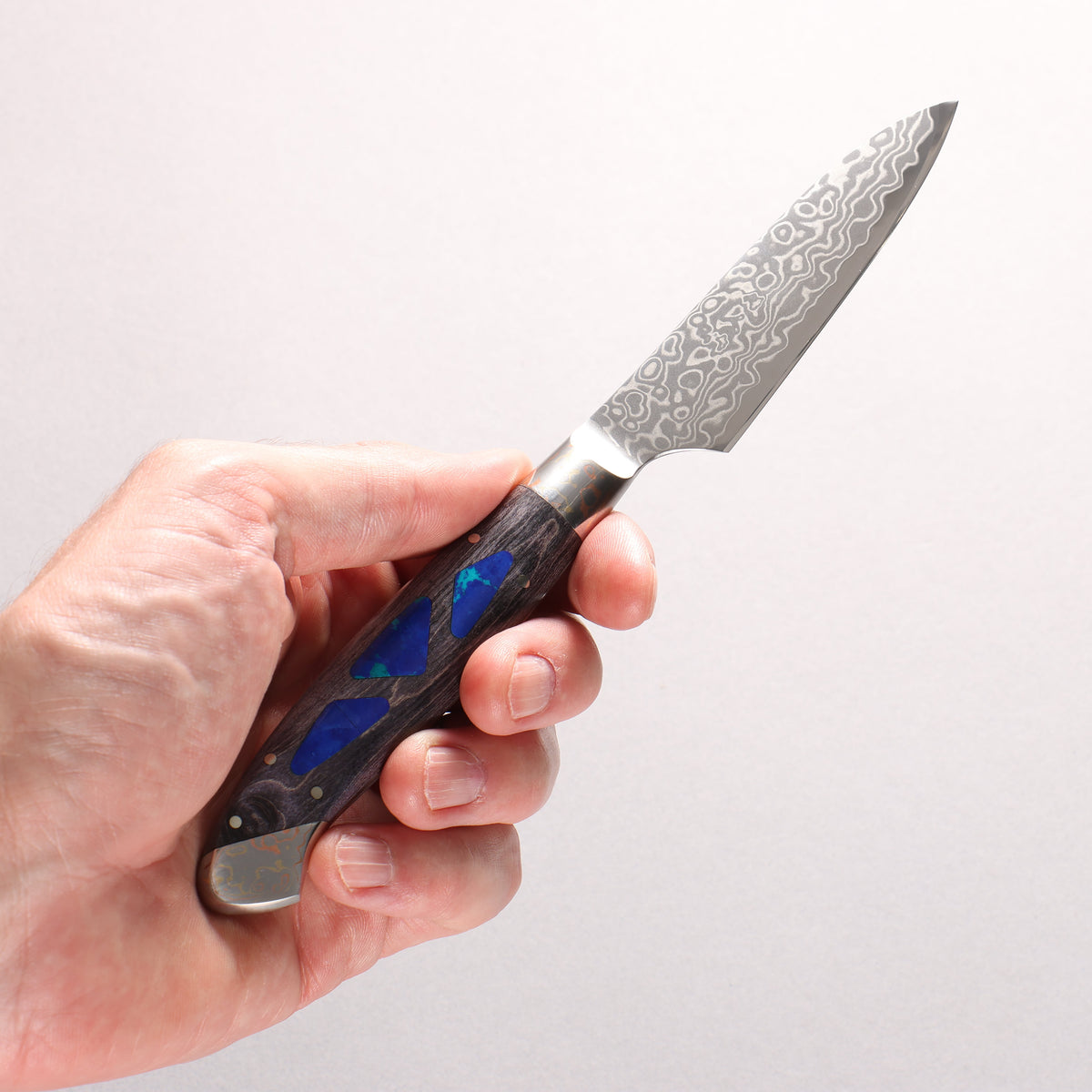 佳人 ZDP189 大馬士革紋 打磨處理 多用途小刀 95mm 穩定化木材（鑲嵌天然寶石） 握把