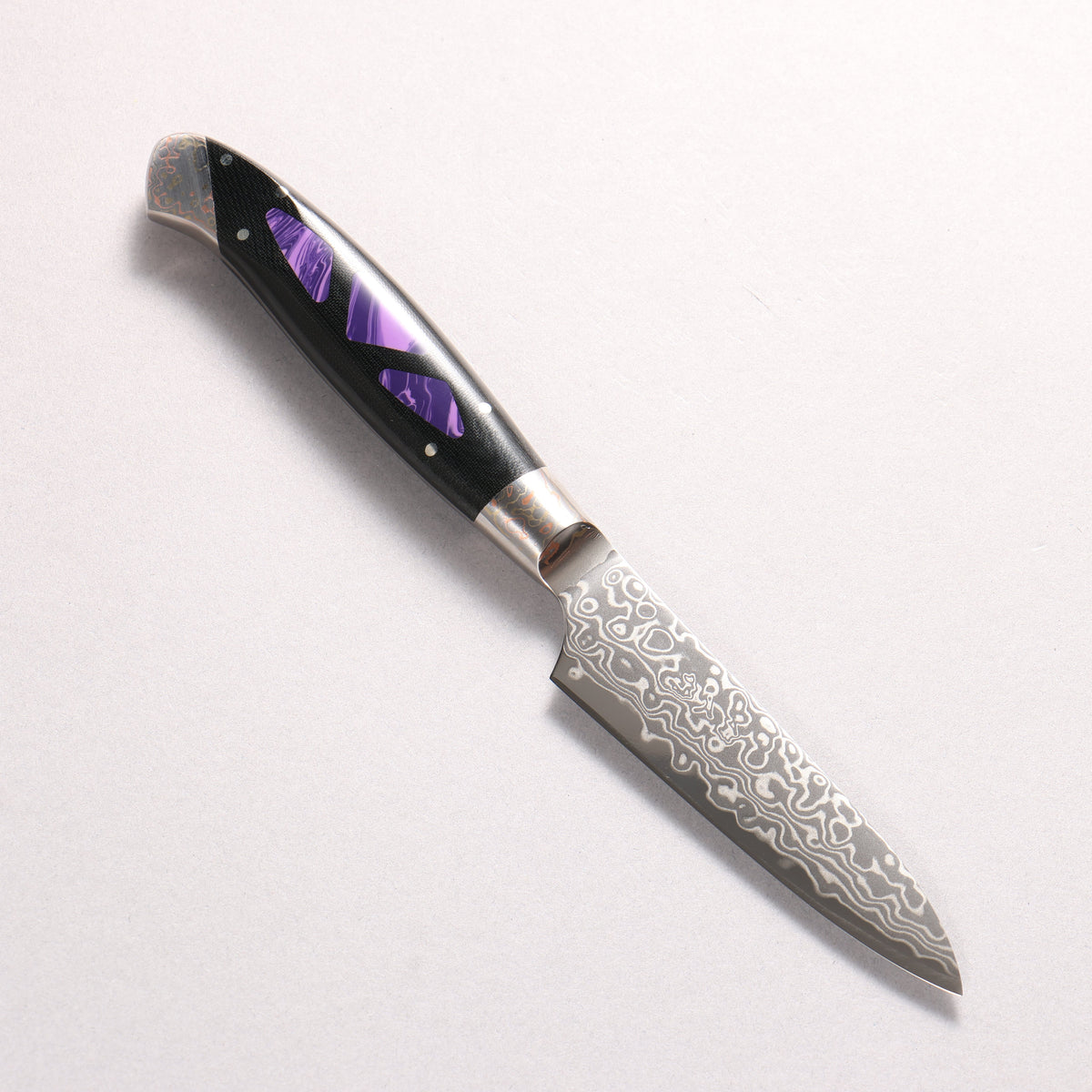 佳人 ZDP189 大馬士革紋 打磨處理 多用途小刀 95mm 亞麻布米卡塔（鑲嵌天然寶石） 握把 - 清助刃物