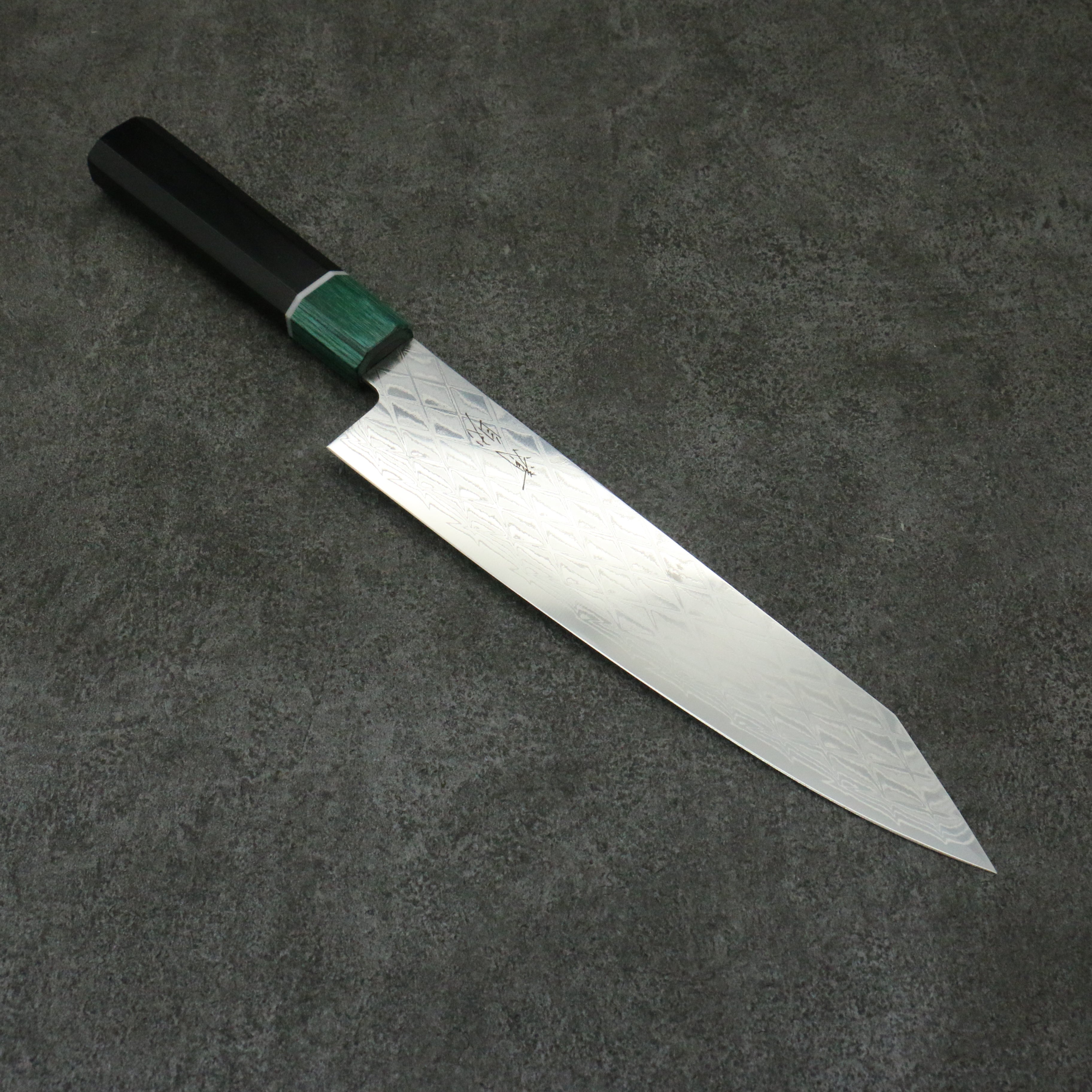 清助 AUS10 鏡面菱格紋 切付牛刀 210mm 黑合成木（口輪：綠合成木） 握把 - 清助刃物