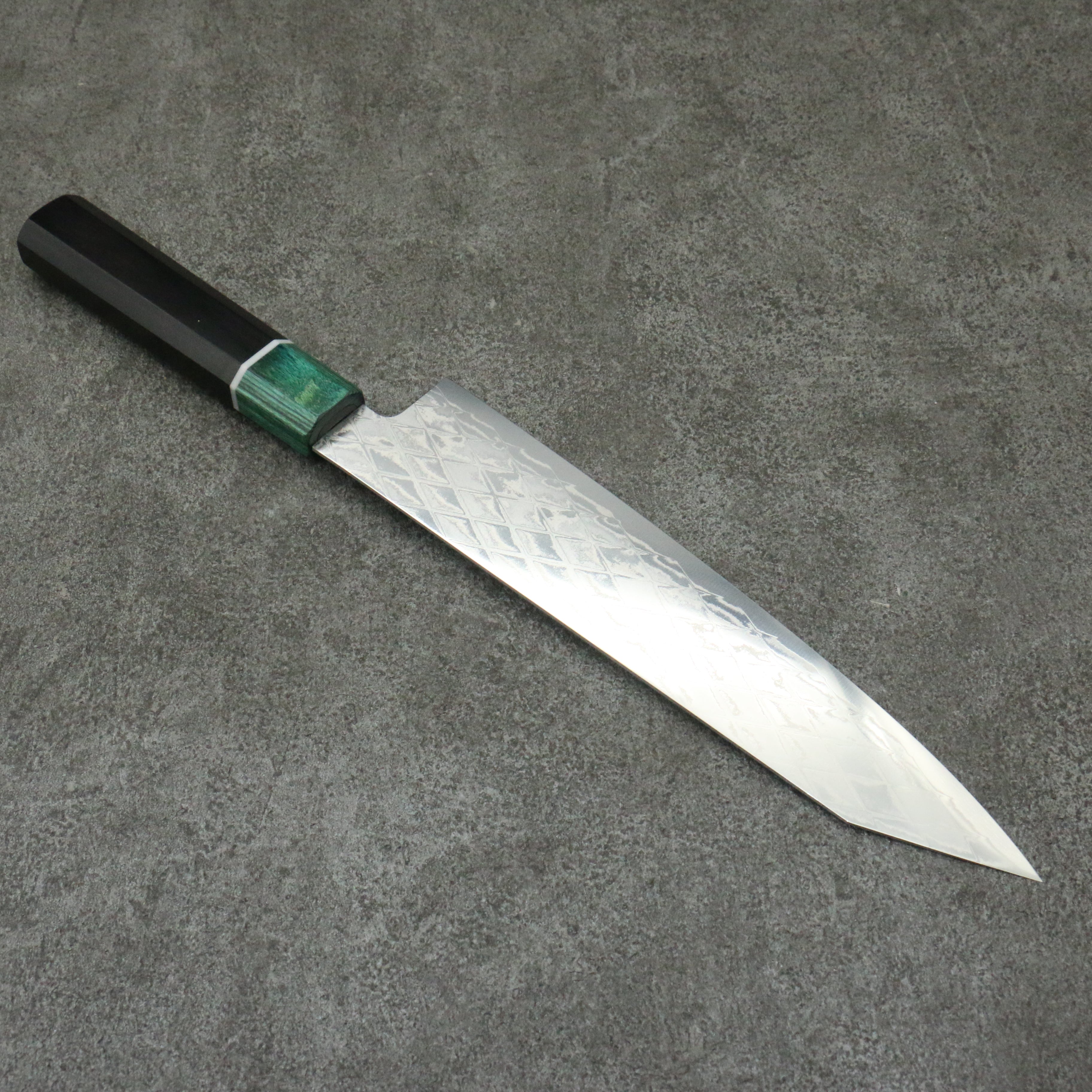 清助 AUS10 鏡面菱格紋 切付牛刀 210mm 黑合成木（口輪：綠合成木） 握把 - 清助刃物