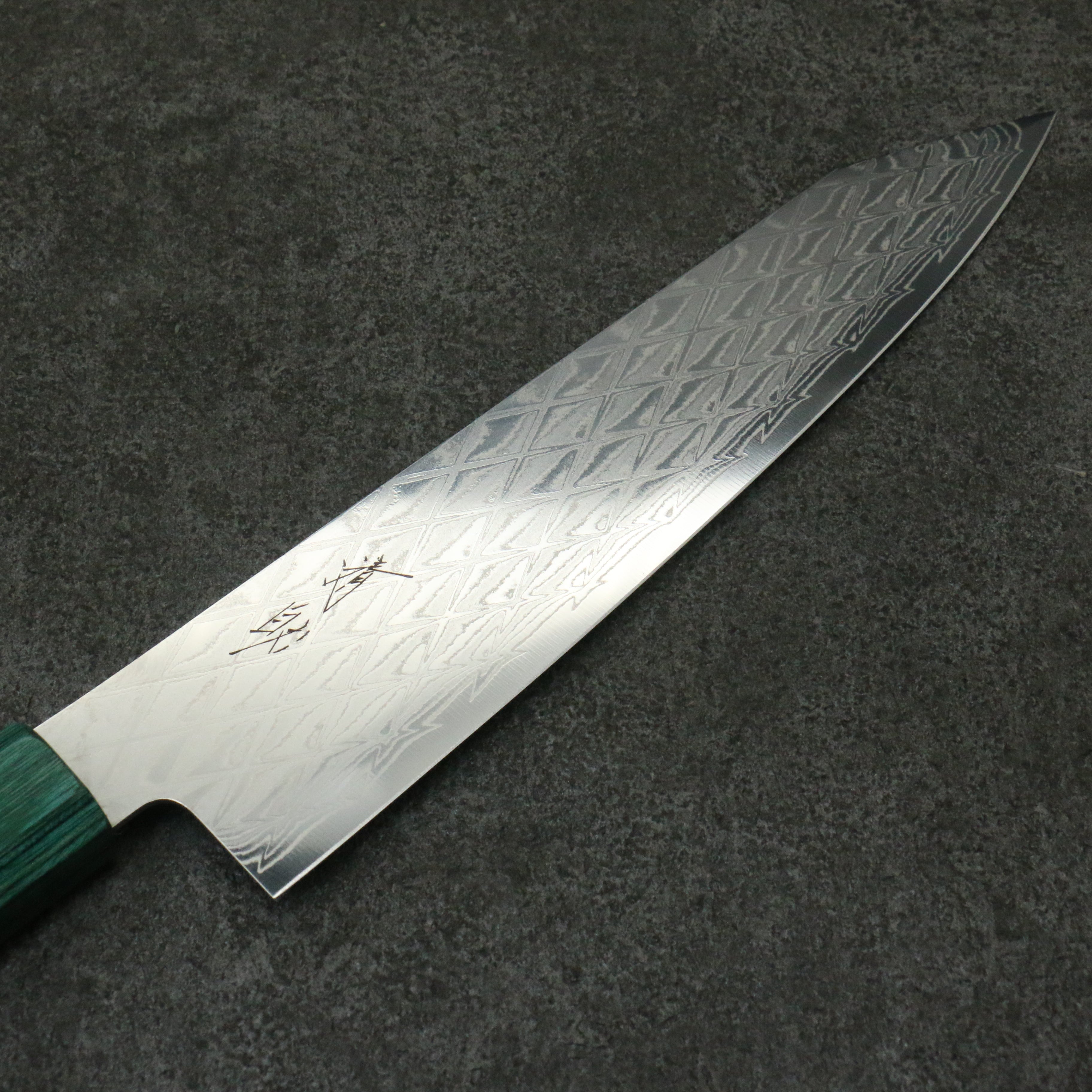 清助 AUS10 鏡面菱格紋 切付牛刀 210mm 黑合成木（口輪：綠合成木） 握把 - 清助刃物