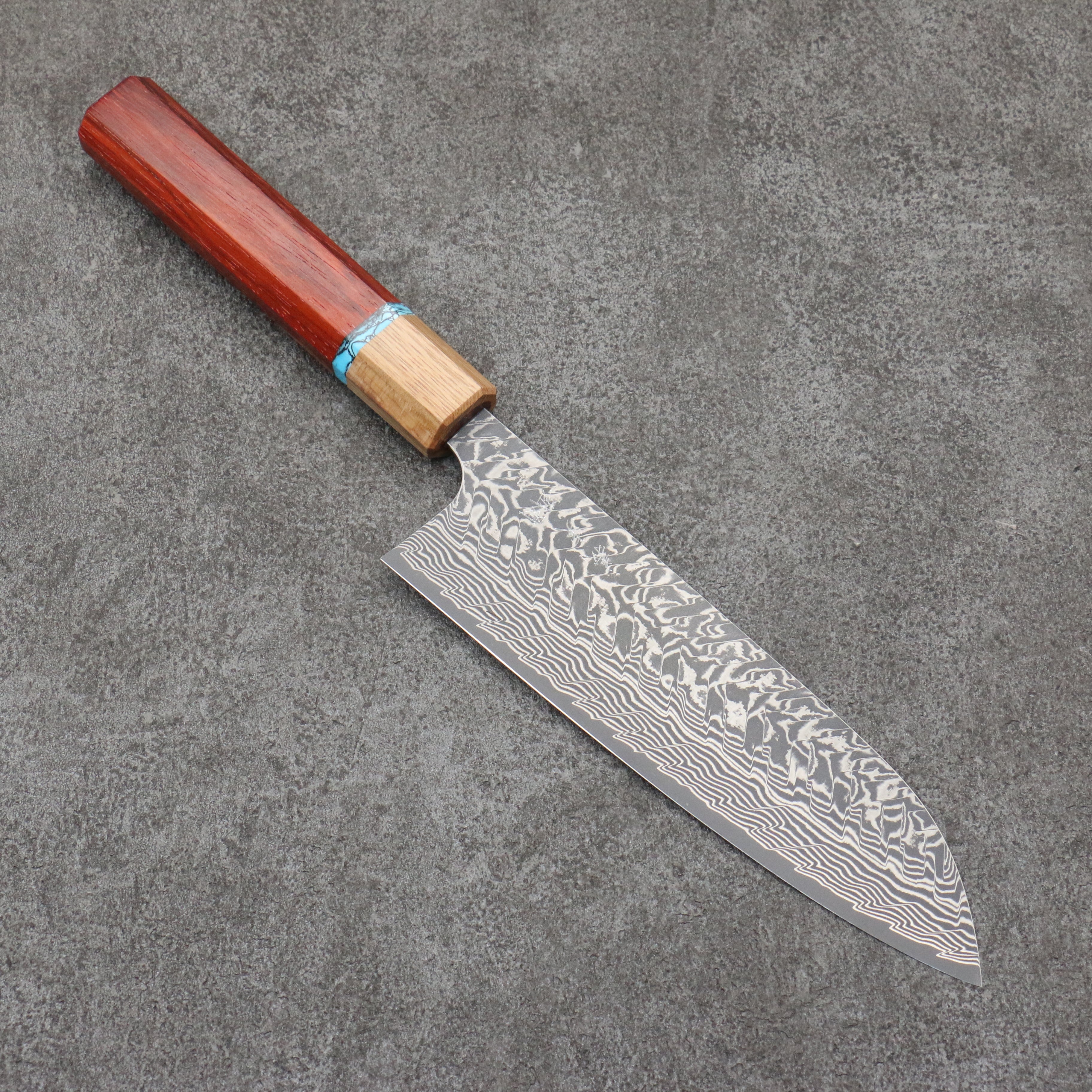加藤 義實 SG2 黑色大馬士革紋 三德刀 170mm 紅花梨木（帶土耳其石環型設計） 握把 - 清助刃物