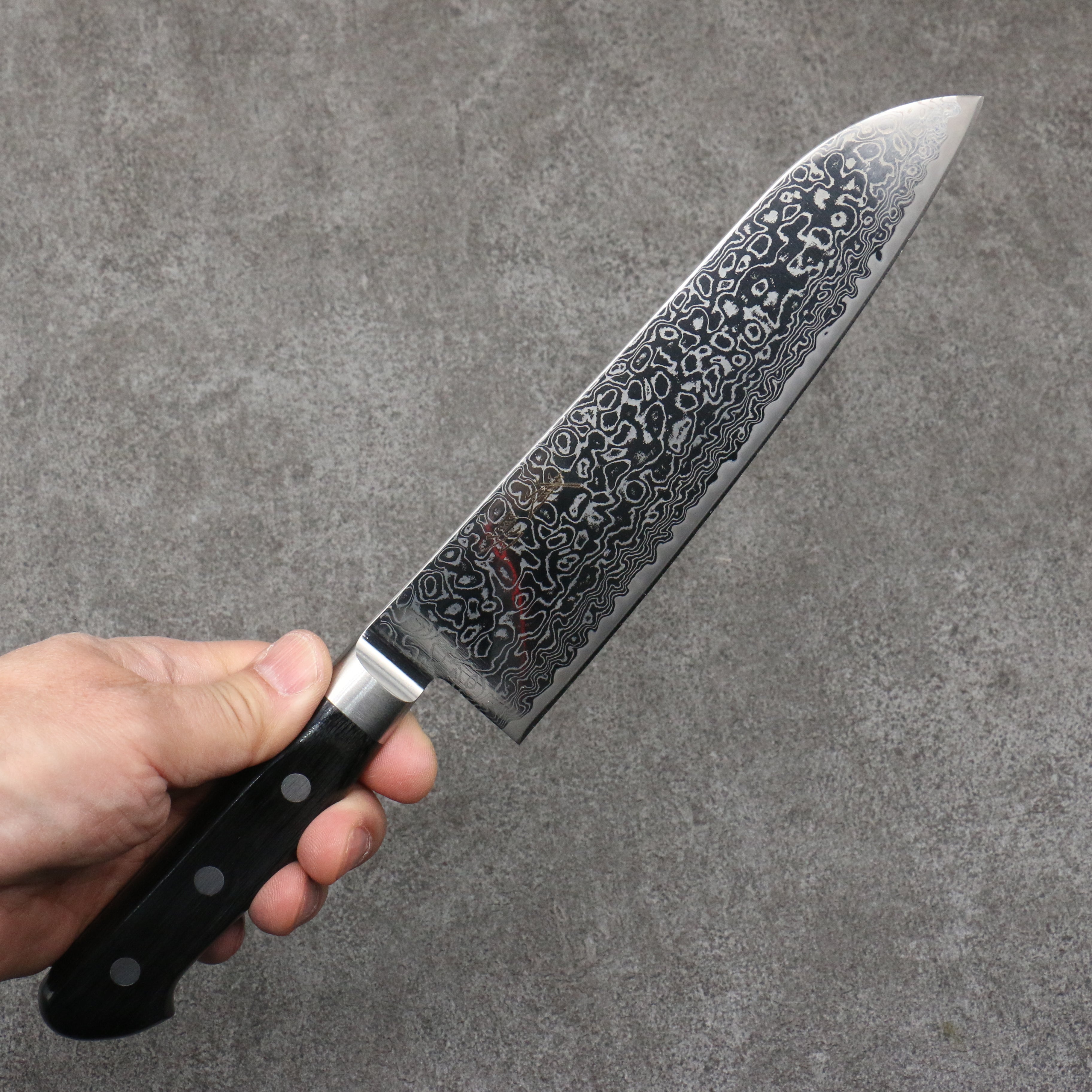 清助 鏡子2 AUS10 鏡面處理 大馬士革紋 三德刀 180mm 黑合成木 握把 - 清助刃物