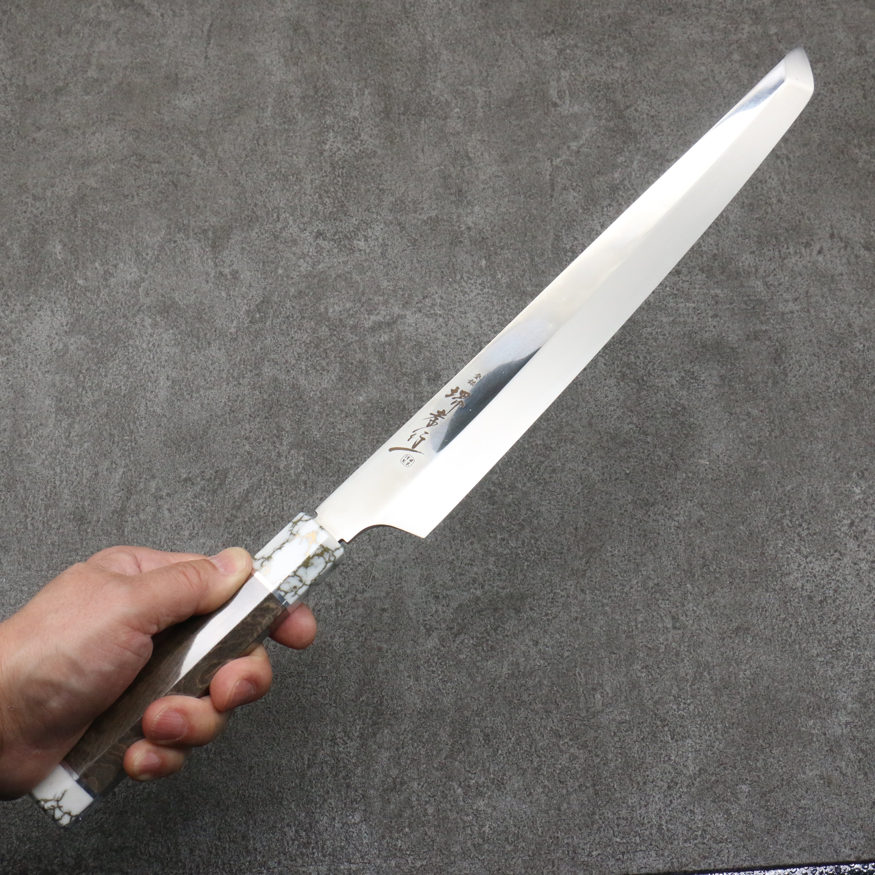 堺 孝行 銀龍 本燒 瑞典鋼 鏡面處理 先丸柳刃 300mm 穩定木 握把 附刀鞘 - 清助刃物