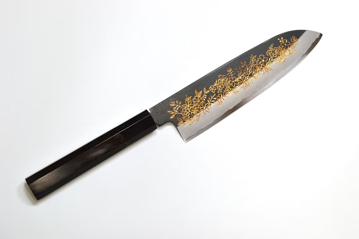 堺 孝行 窪田金雕刻 花園 白鋼二號 黑打 三德刀 180mm 黑檀（口輪：黑水牛銀輪） 握把