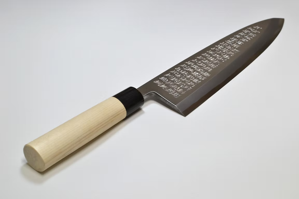 堺 孝行 窪田雕刻 終始一貫 白鋼 霞研 出刃 300mm 木蘭（口輪：水牛角） 握把
