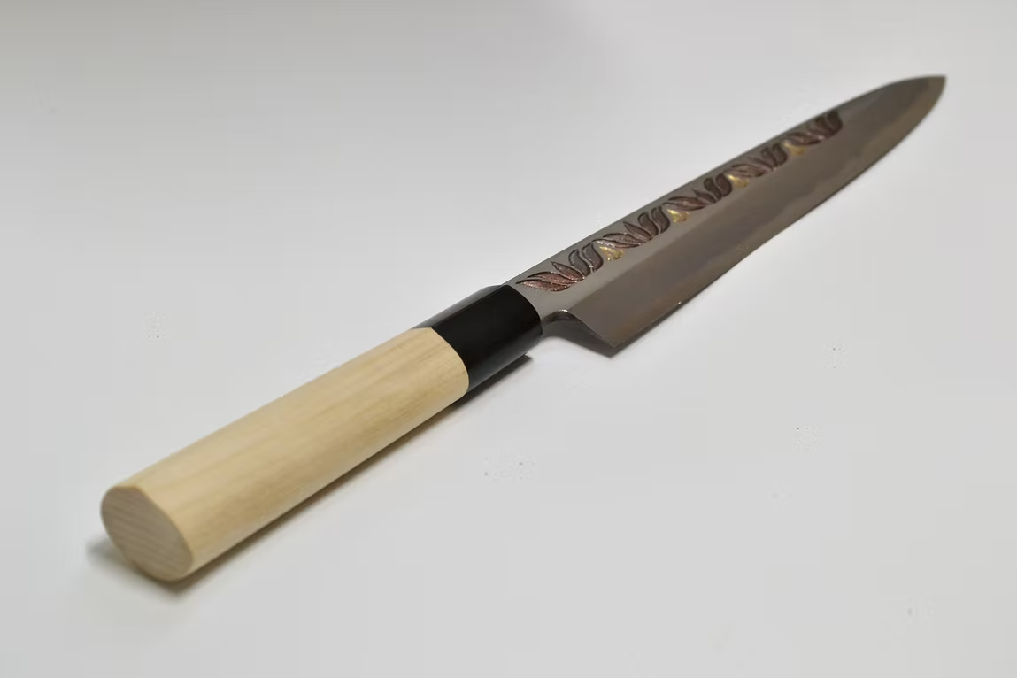 堺 孝行 窪田金屬飾雕刻 蓮花 白鋼 霞研 柳刃 270mm 木蘭（口輪：水牛角） 握把