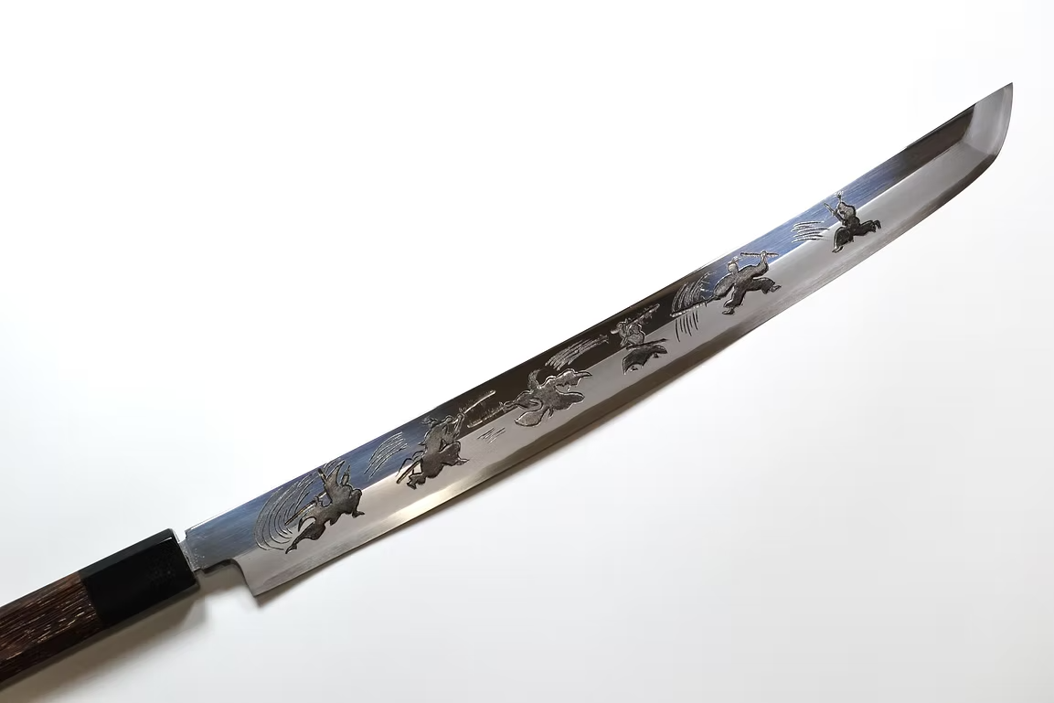 堺 孝行 窪田金屬飾雕刻 武士道 銀三鋼 先丸柳刃 330mm 雞翅木（口輪：黒色水牛角） 握把
