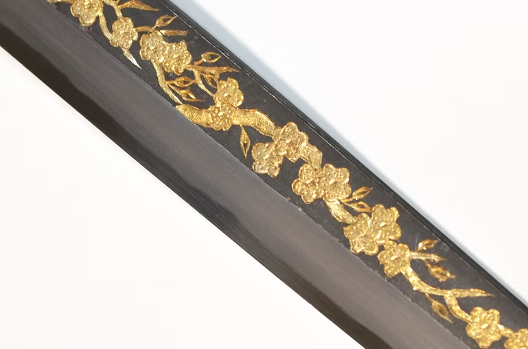 堺 孝行 窪田金雕刻 梅花 白鋼二號 黑打 柳刃 270mm 黑檀（口輪：黑水牛銀輪） 握把