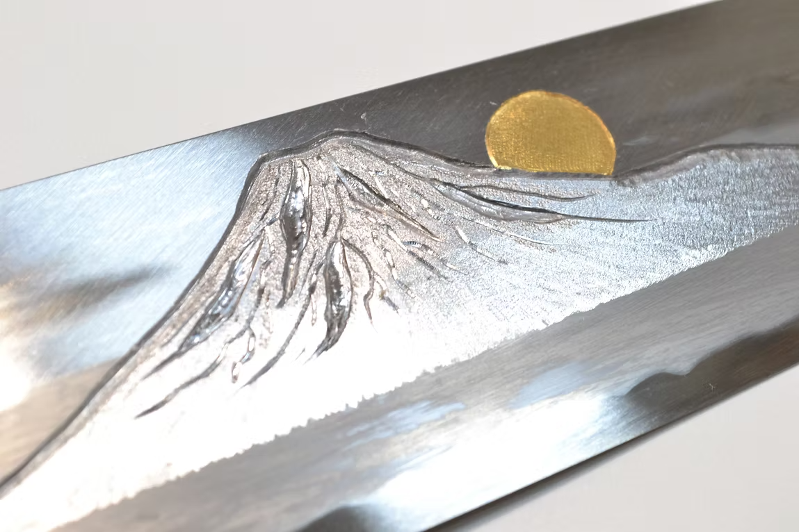 堺 孝行 窪田金雕刻 富士與夕照 青鋼二號 牛刀 240mm 木蘭（口輪：水牛角） 握把