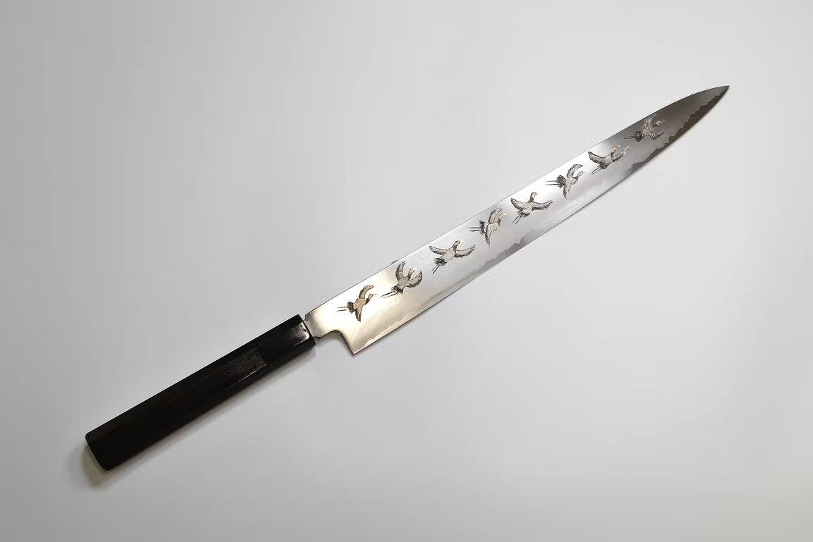 堺 孝行 窪田金屬飾雕刻 群雞一鶴 銀三鋼 筋引 270mm 黑檀（口輪：黑水牛銀輪） 握把