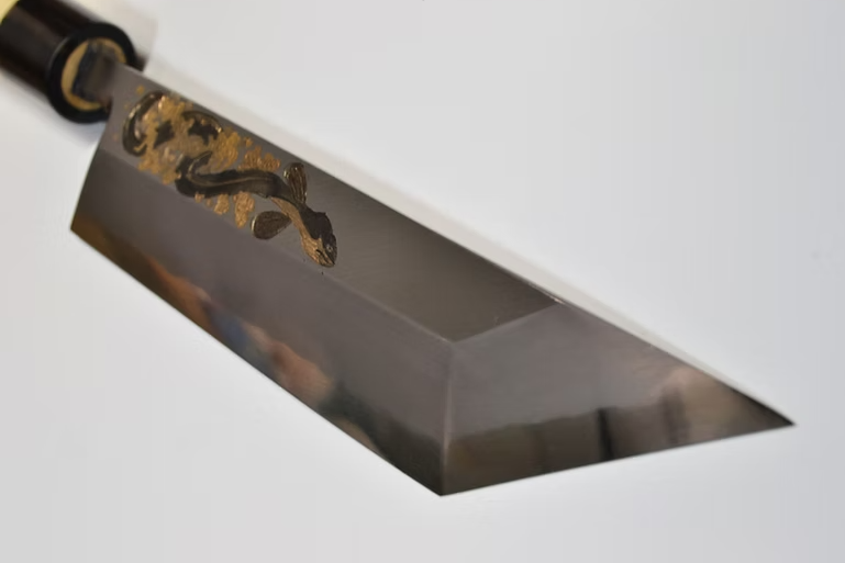 堺 孝行 窪田金屬飾雕刻 鰻魚 白鋼二號 霞研 鰻魚刀 210mm 木蘭（口輪：水牛角） 握把