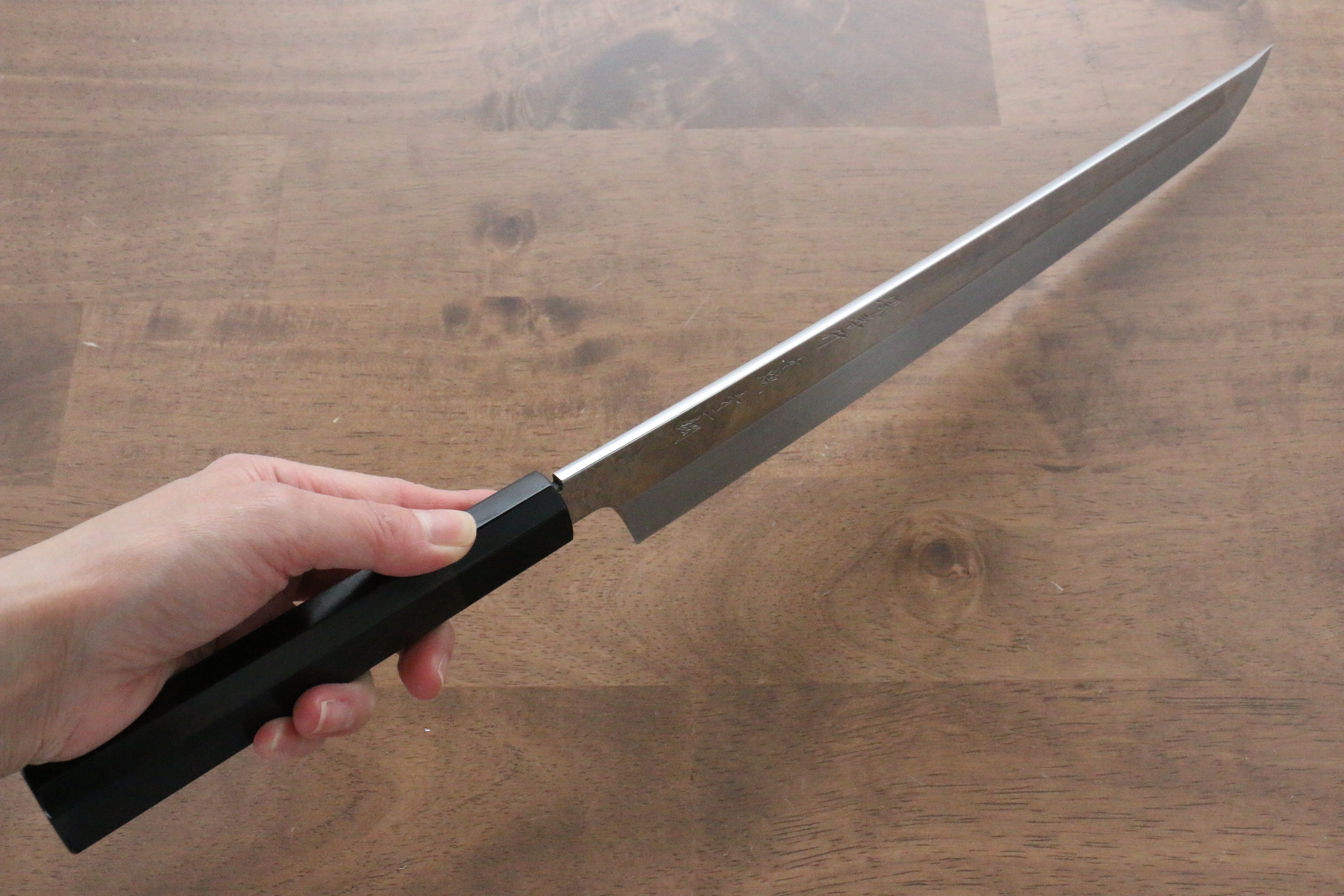 堺 孝行 玄武 青鋼二號 本燒 鏡面處理 先丸柳刃  300mm 黑檀握把 附刀鞘 - 清助刃物