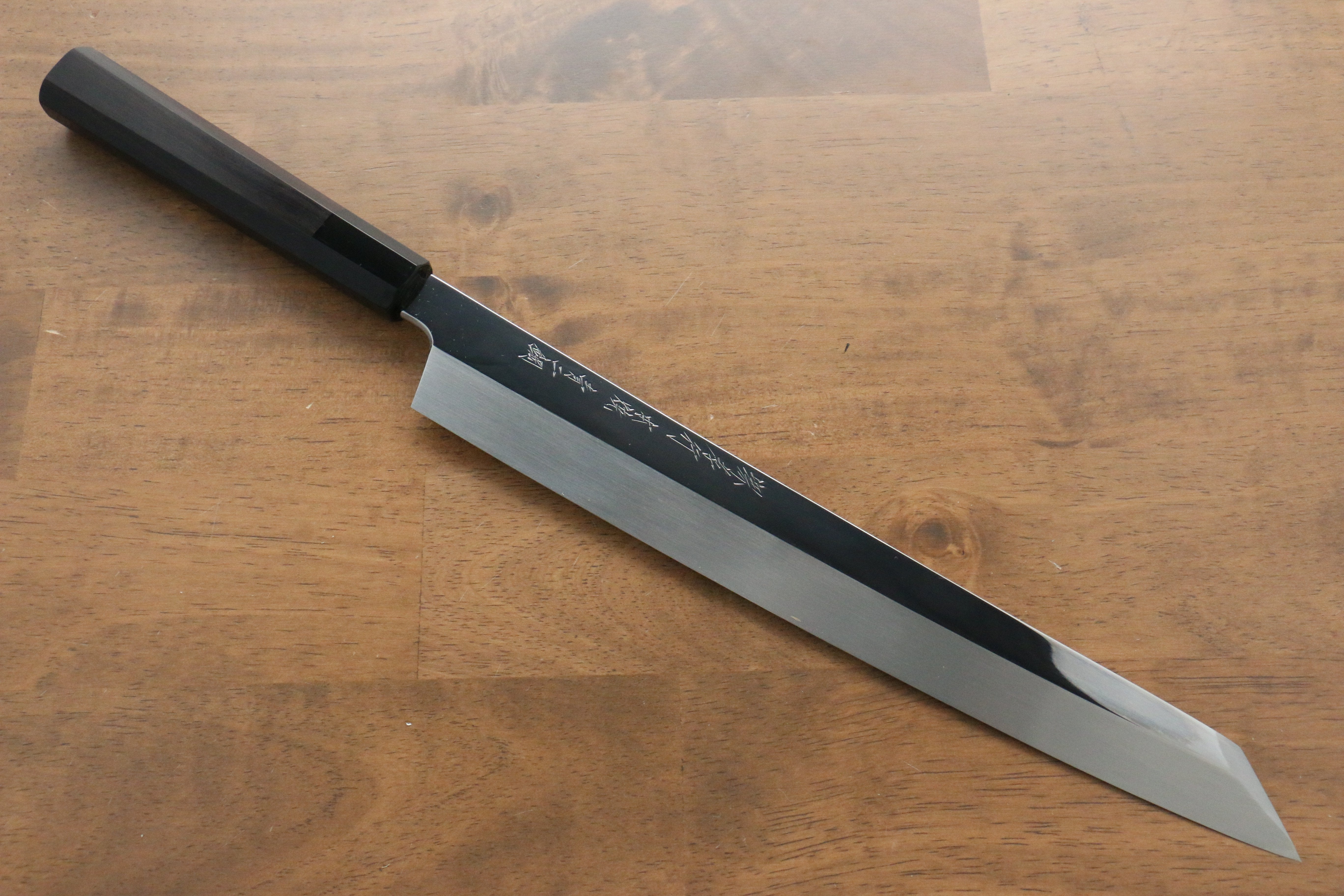 堺 孝行 飛燕 青鋼二號 本燒 鏡面處理 切付柳刃  300mm 黑檀握把 附刀鞘 - 清助刃物