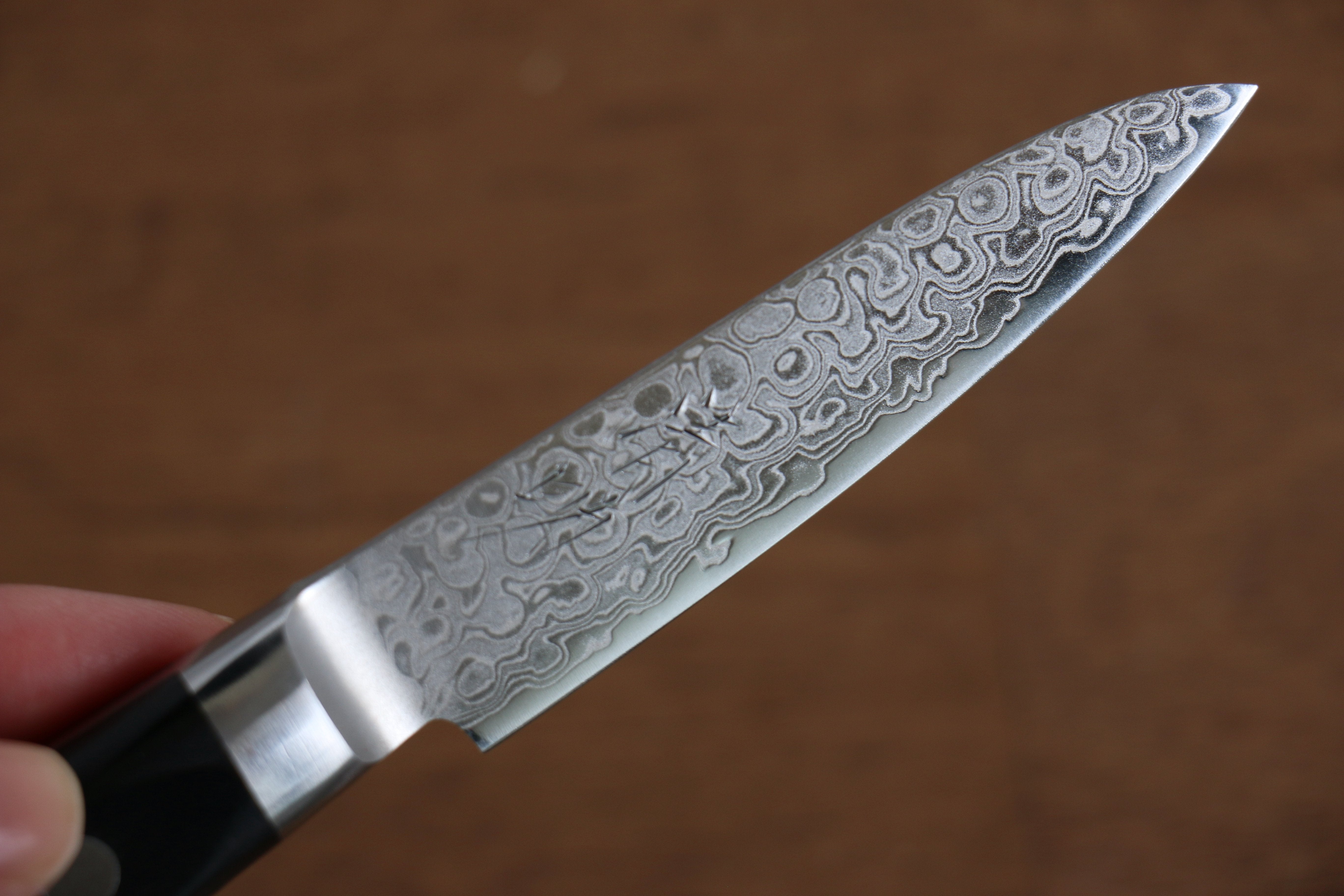清助 AUS10 45層 鏡面處理 大馬士革紋 多用途小刀 80mm 黑合成木 握把 - 清助刃物